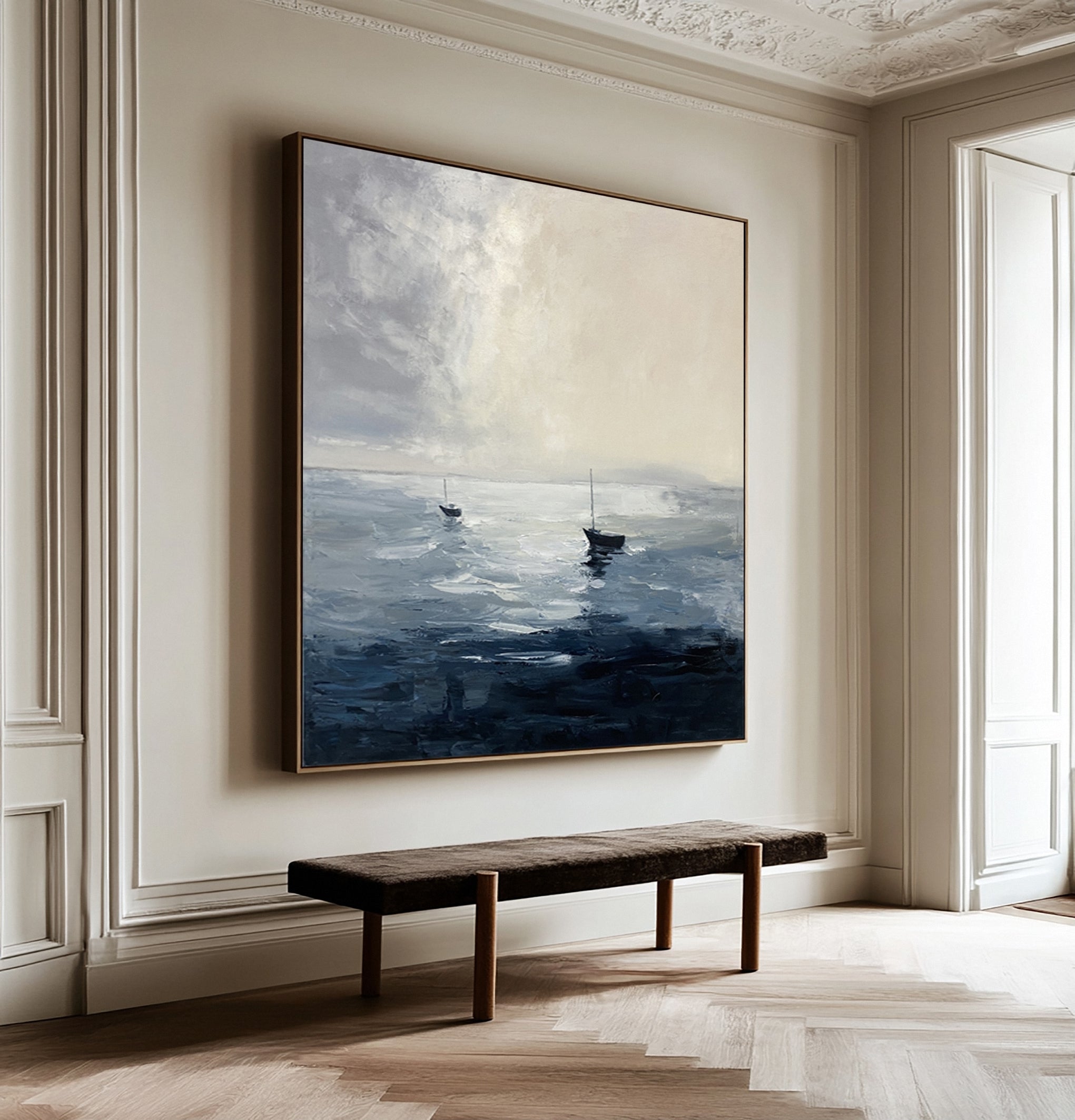 Minimalist Marine Art with Two Boats on a Calm, Cloudy Sea #BGA 280