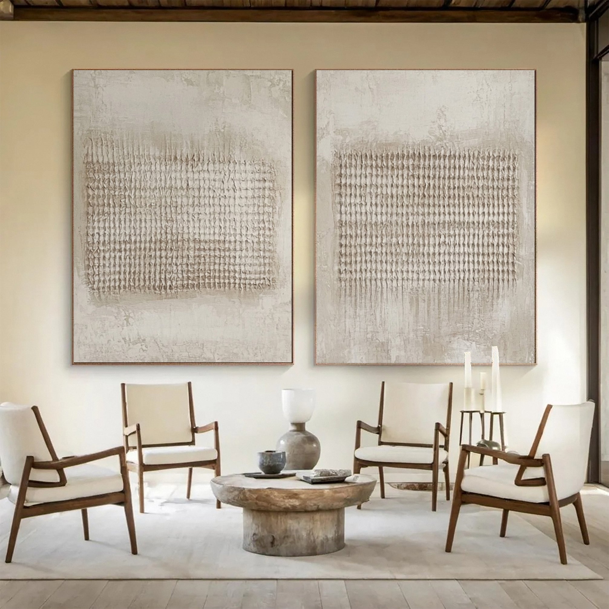 Modern Abstract Diptych with Textured Vertical Inscriptions #BGA 240