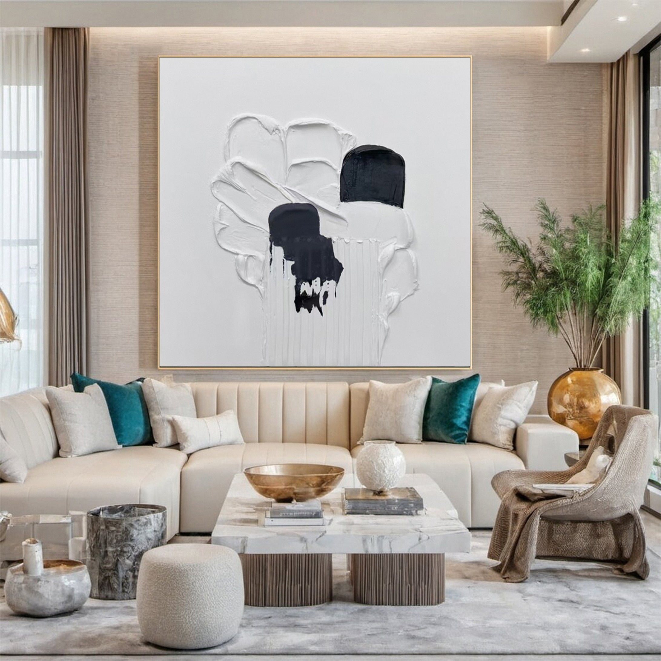 Minimalist Art with 3D White Texture and Flowing Black Forms #BGA 249