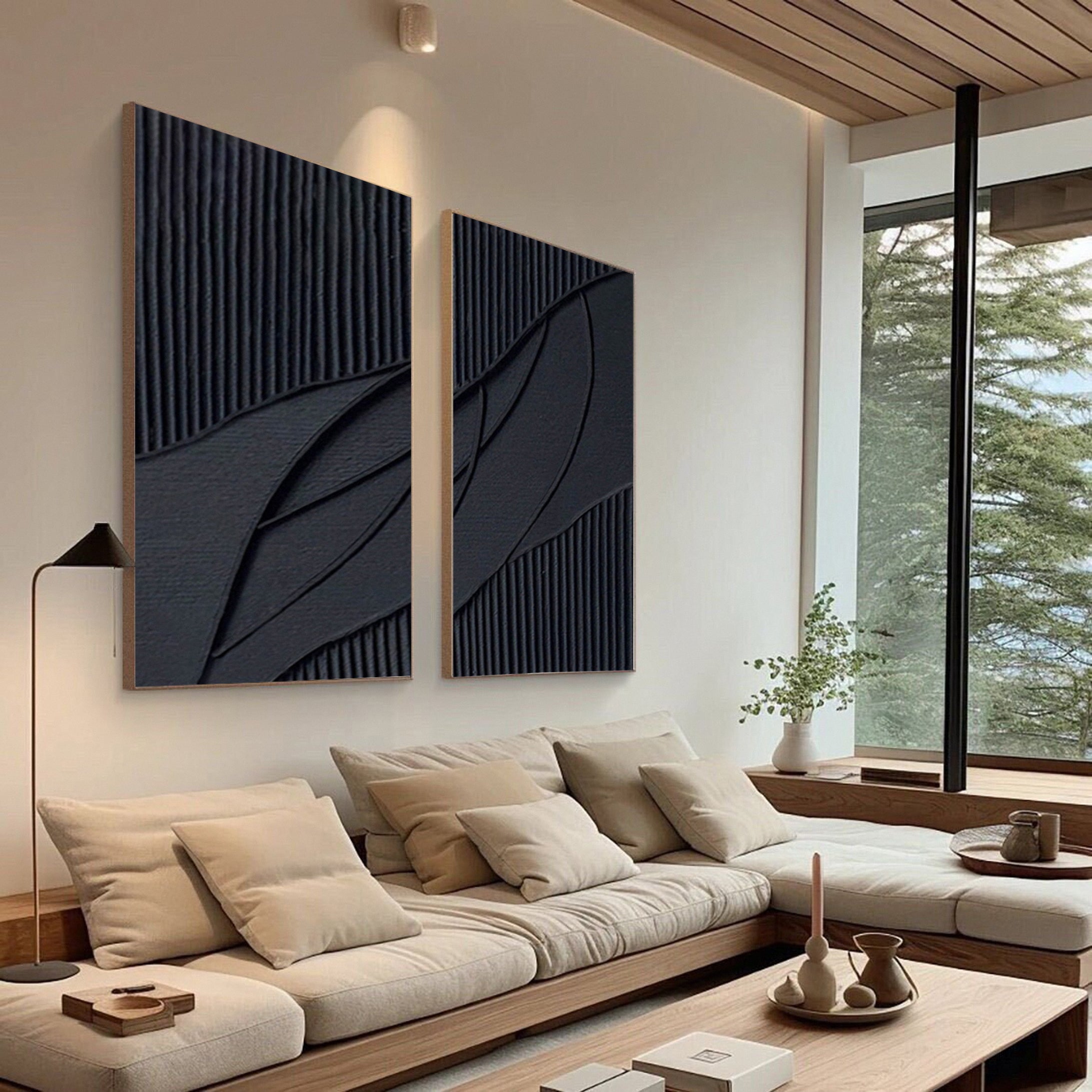 Modern Noir Textured Black Abstract Art Canvas Set Of 2 #BMS 004