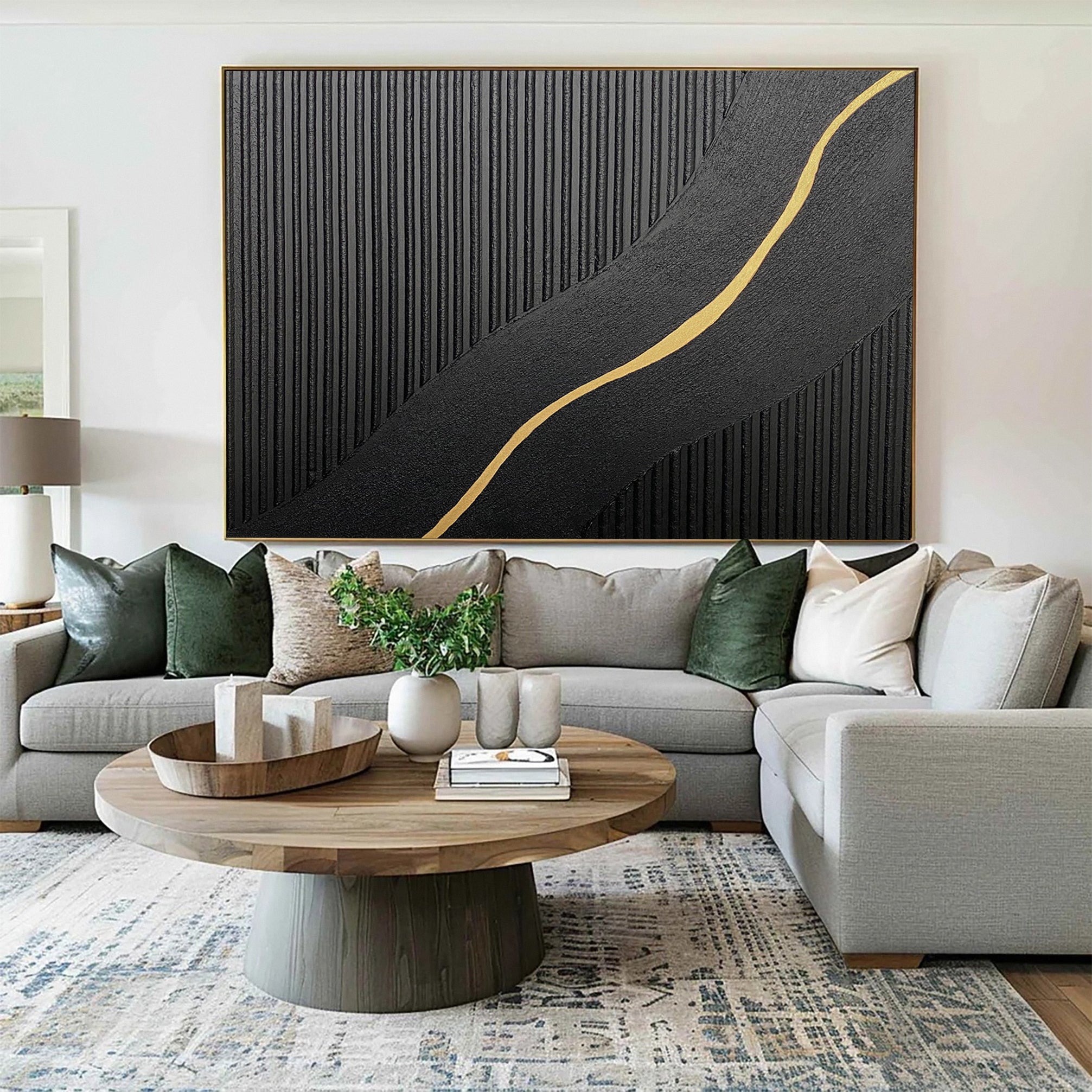 Contemporary Black Impasto with a Diagonal Line of Gold #BGA 227