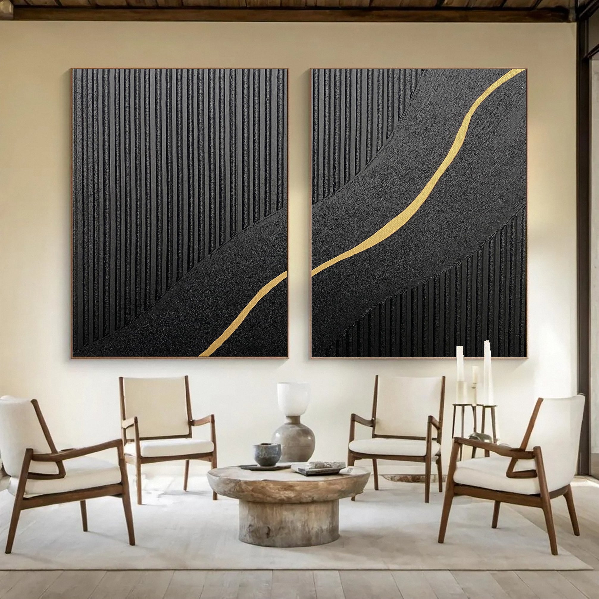 Contemporary Black Impasto Diptych with Flowing Gold Current #BGA 228