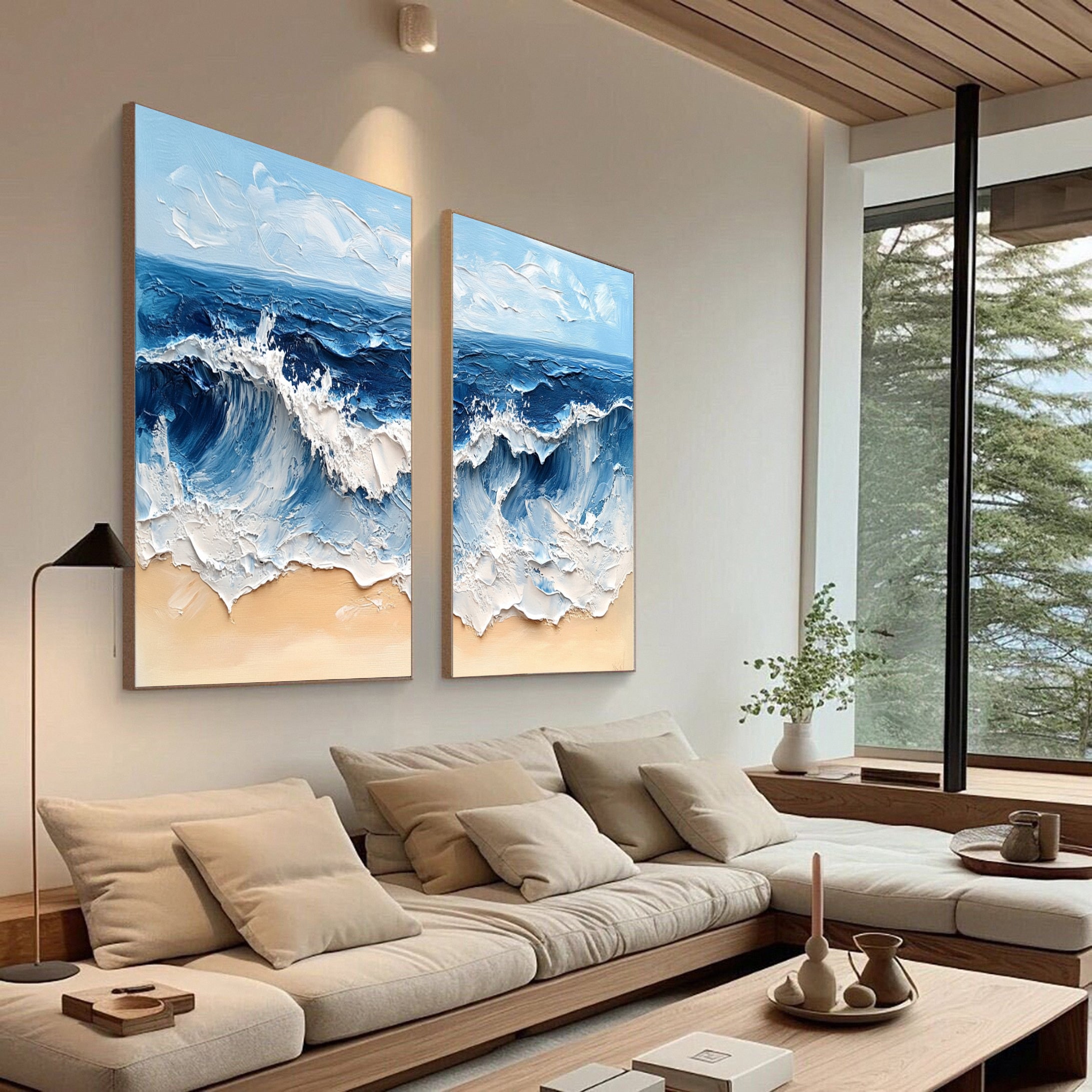 Dynamic Ocean Wave Canvas Art Textured Sea Painting Set Of 2 #OS 076