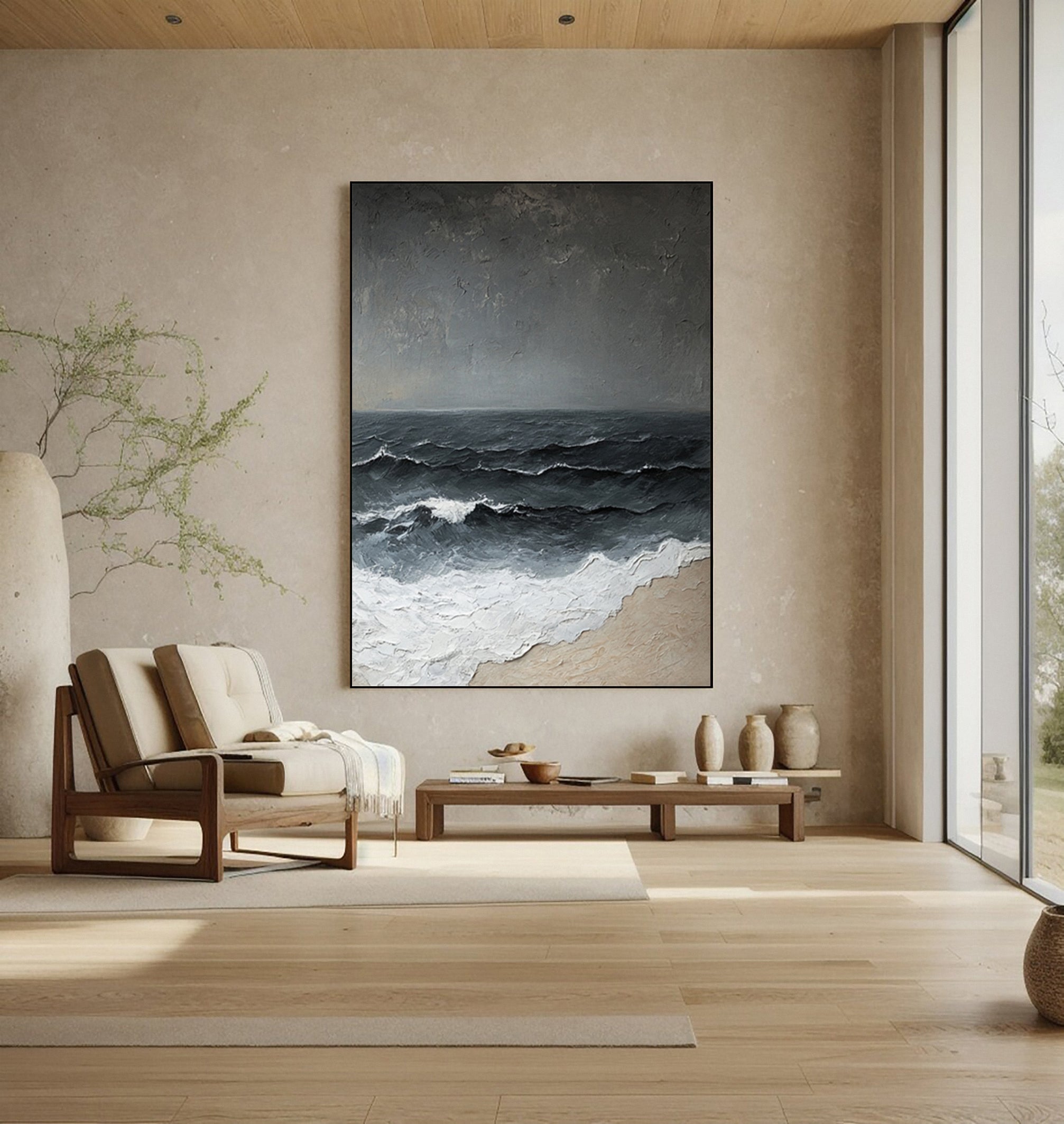 Textured Wave Art with Approaching Storm and Sandy Beach #BGA 262