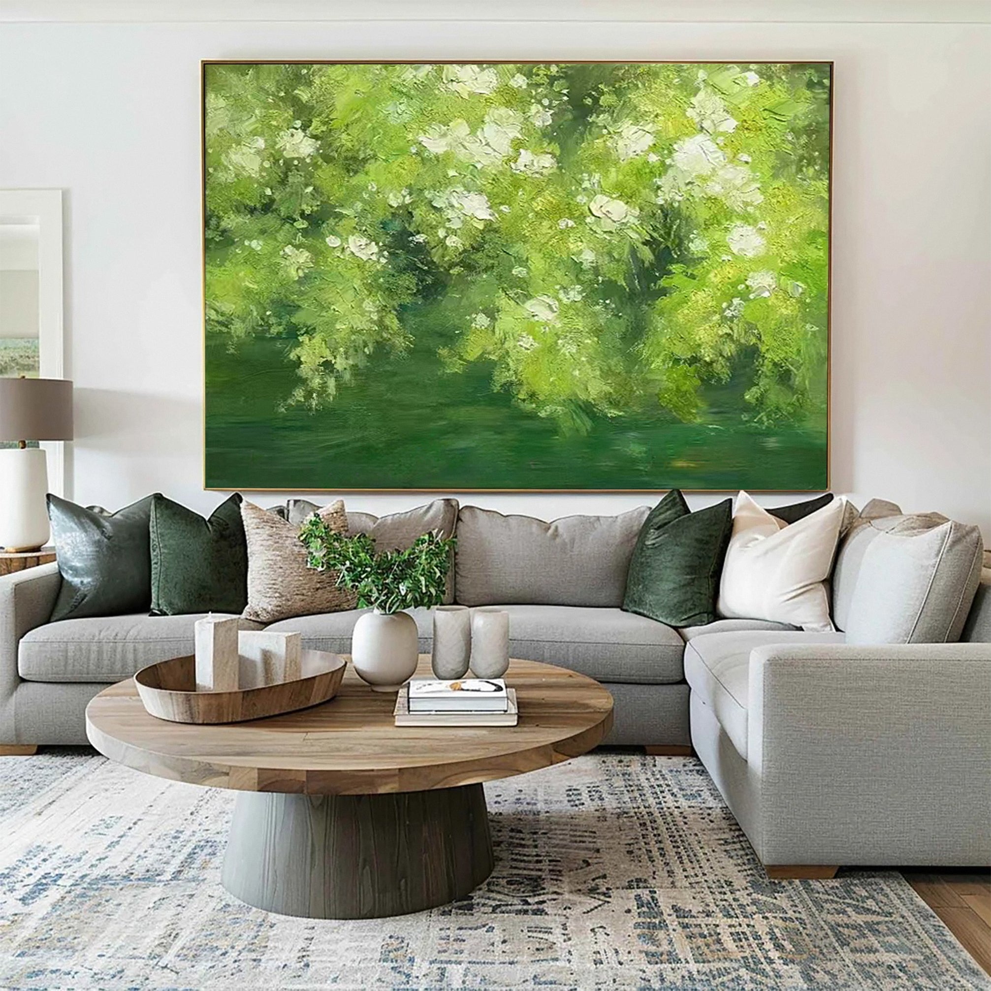 Expressive Canvas of Vibrant Green Foliage and White Flowers #BGA 272