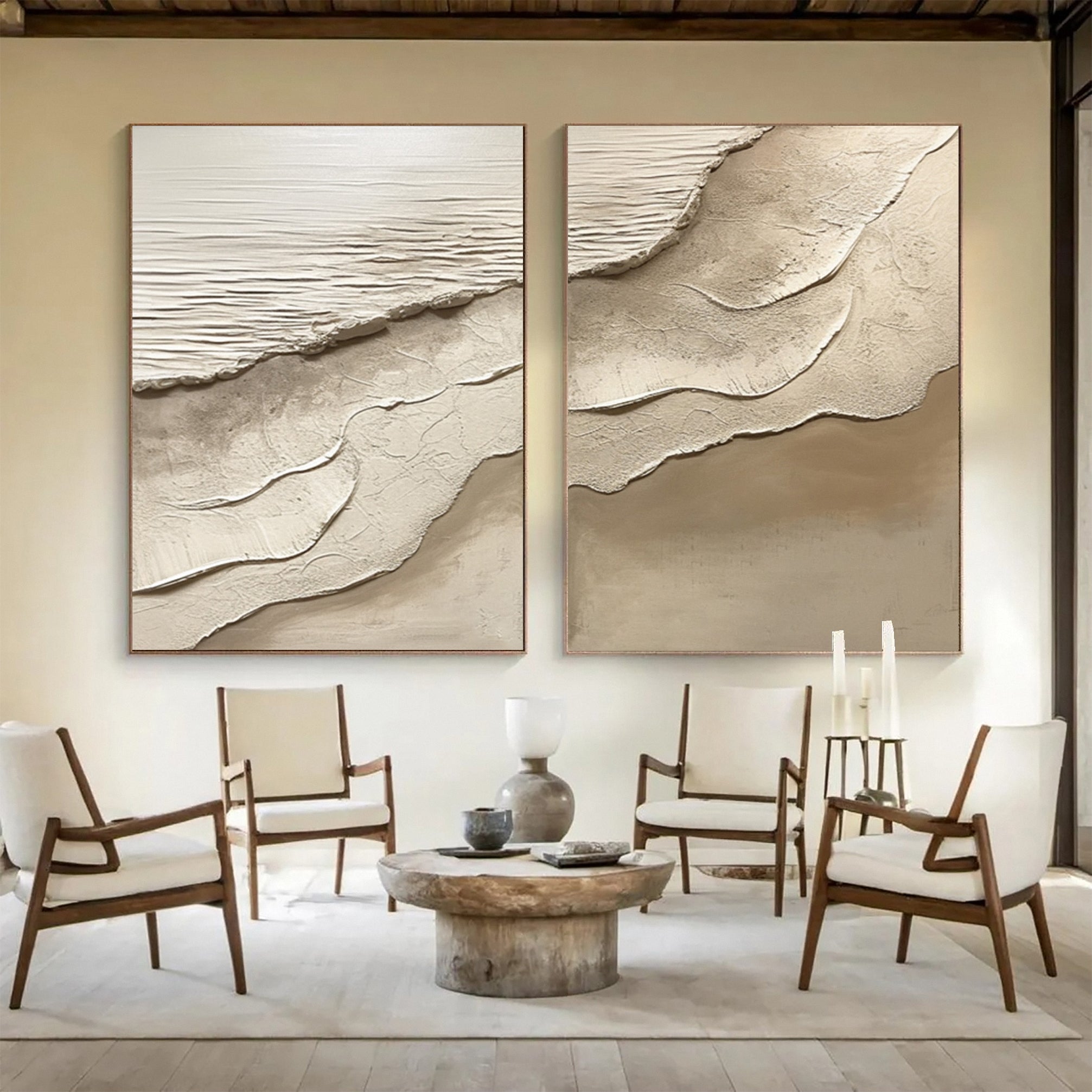 Minimalist Neutral Beach Diptych with Tactile Sand Patterns #BGA 217