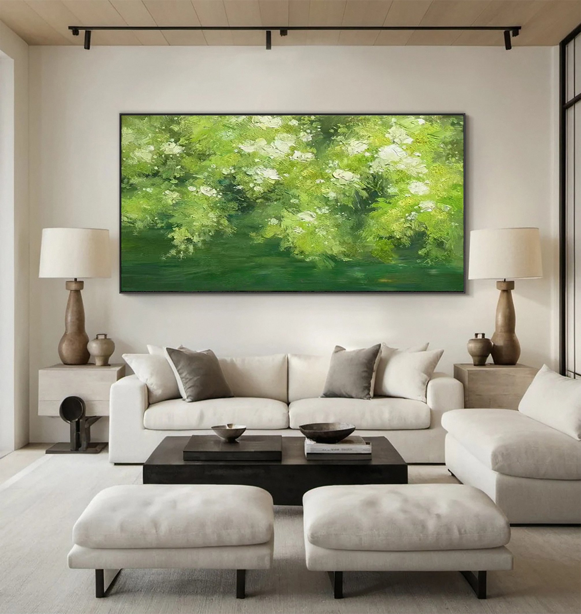 Expressive Canvas of Vibrant Green Foliage and White Flowers #BGA 272