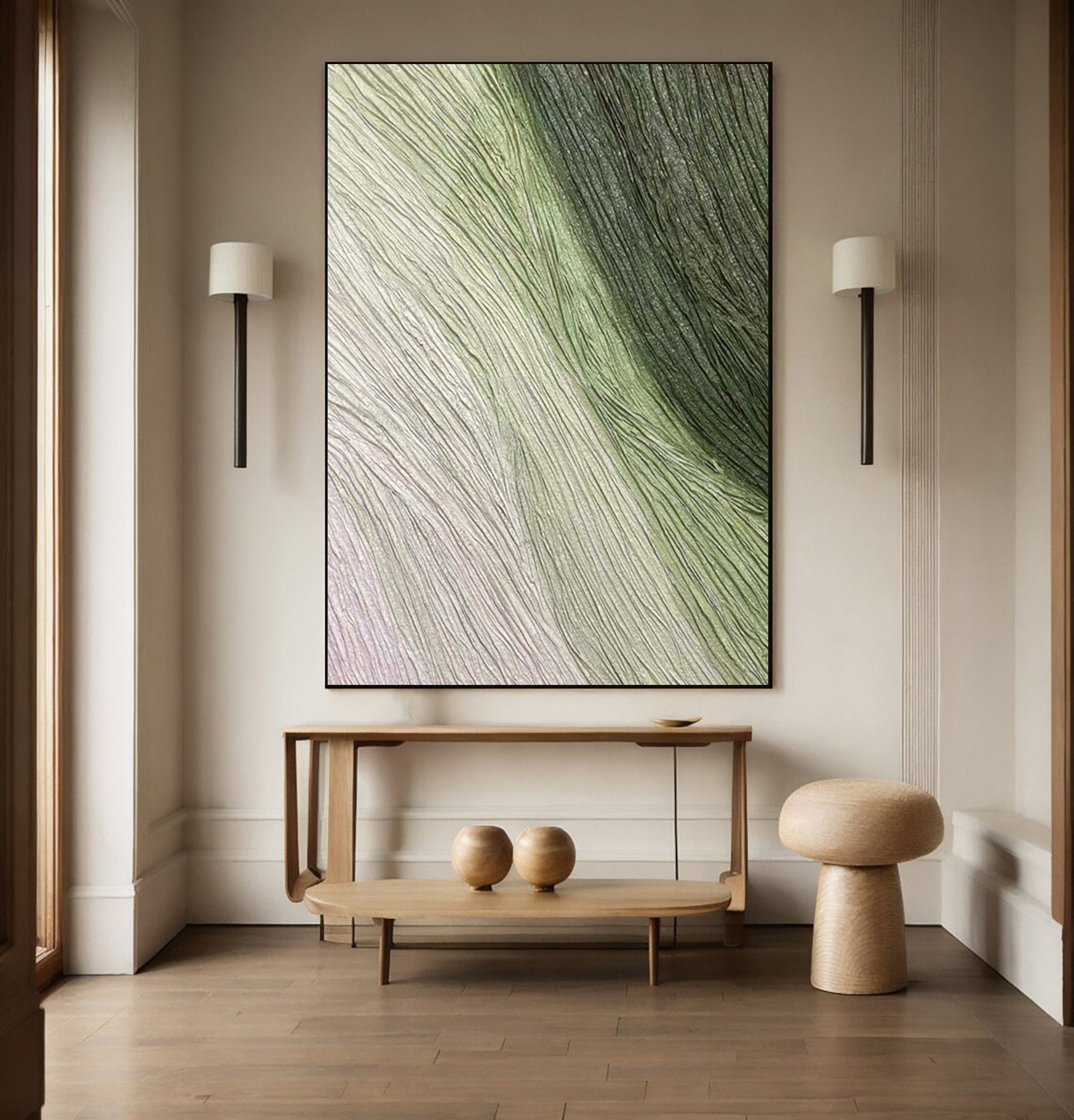 Green Modern Abstract Canvas with Gentle Textured Lines #BGA 267