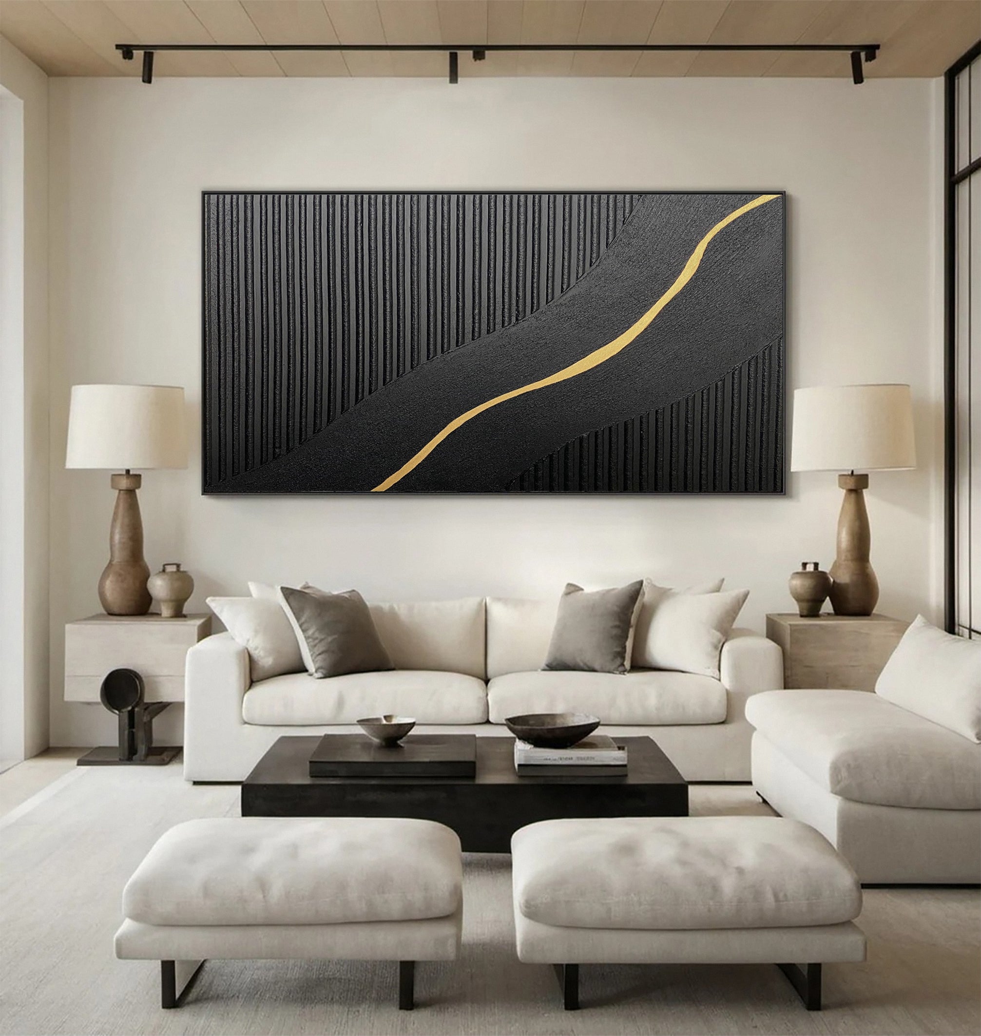 Contemporary Black Impasto with a Diagonal Line of Gold #BGA 227