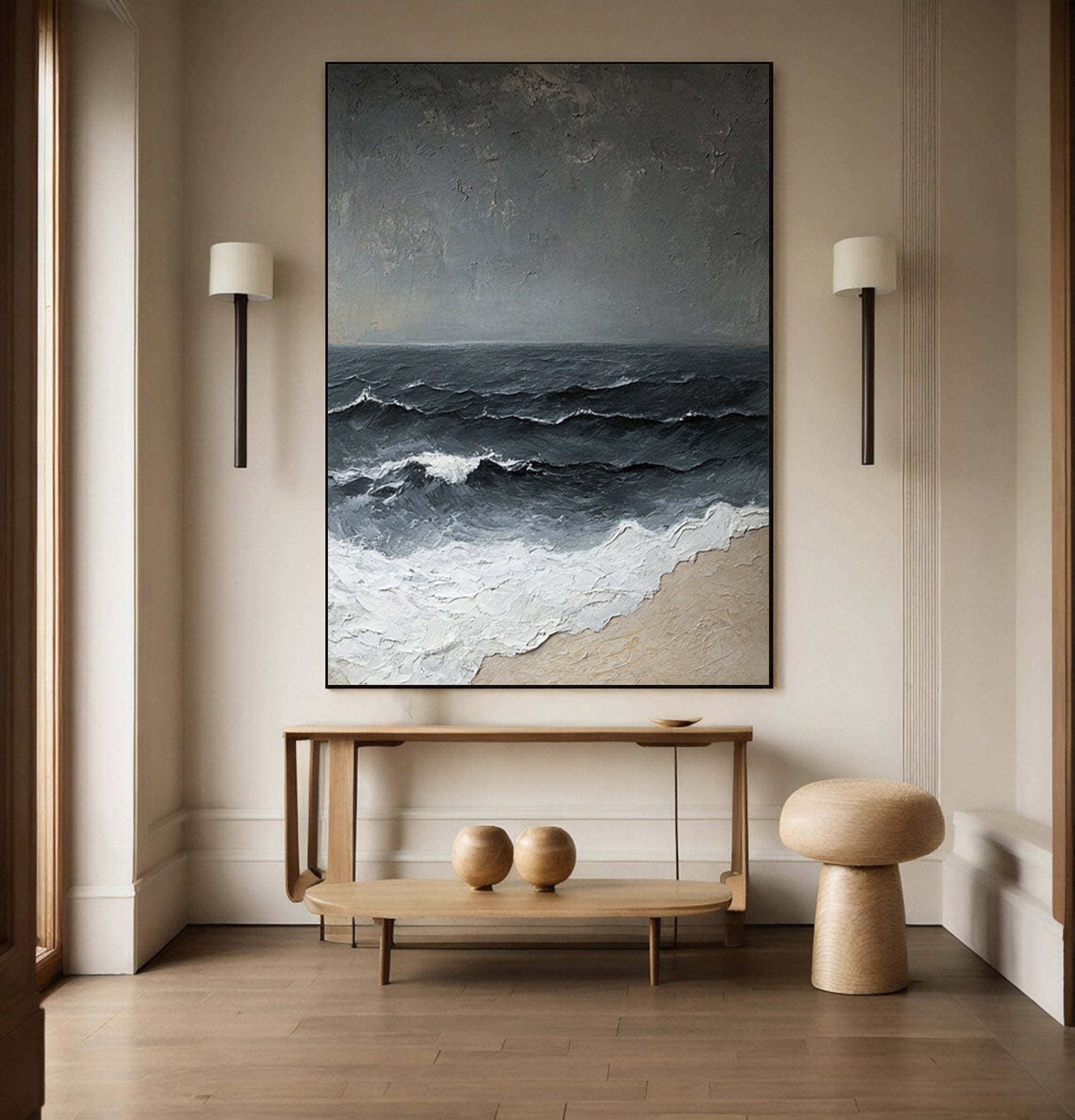 Textured Wave Art with Approaching Storm and Sandy Beach #BGA 262