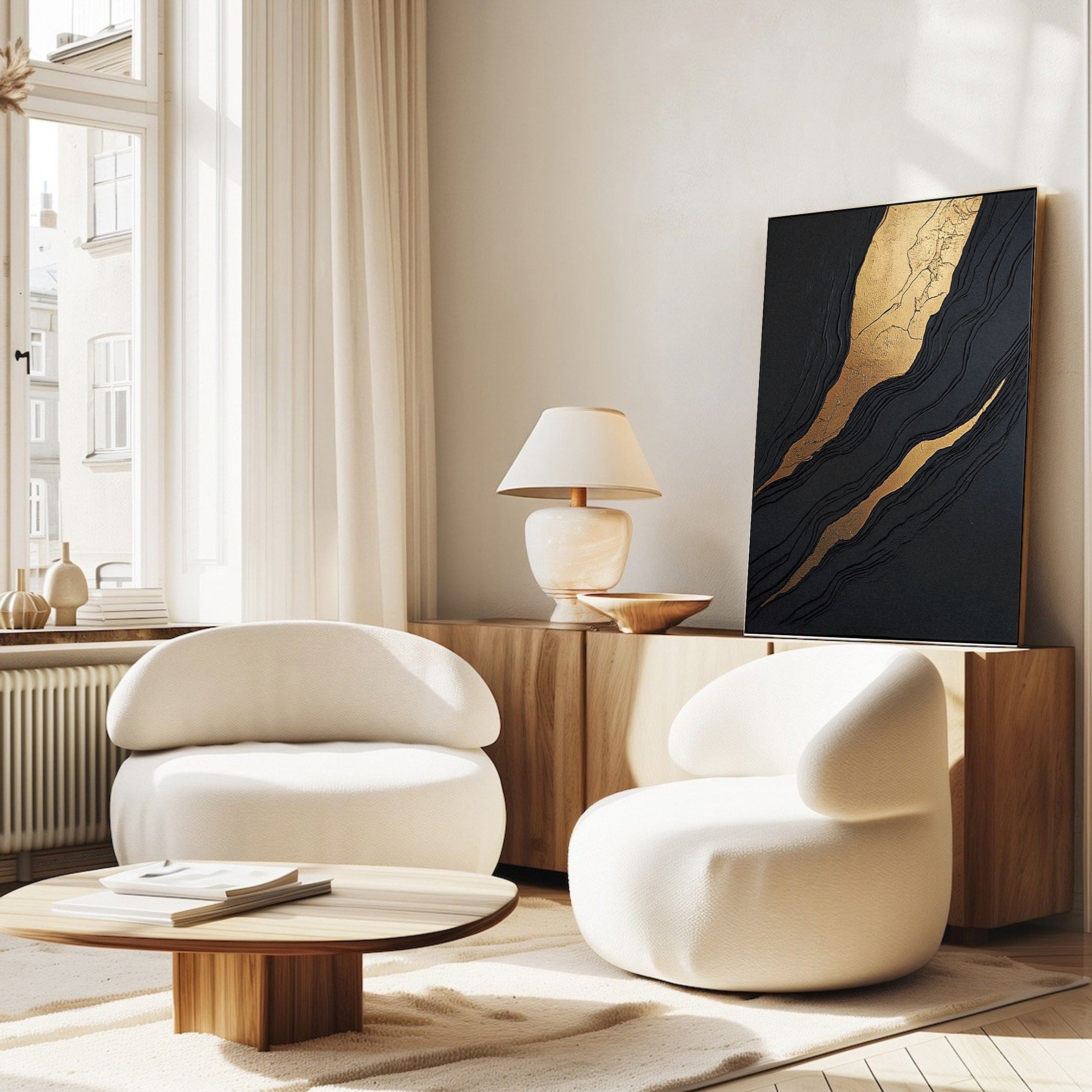 Luxury Waves Black and Gold Abstract Canvas Art #BM 084