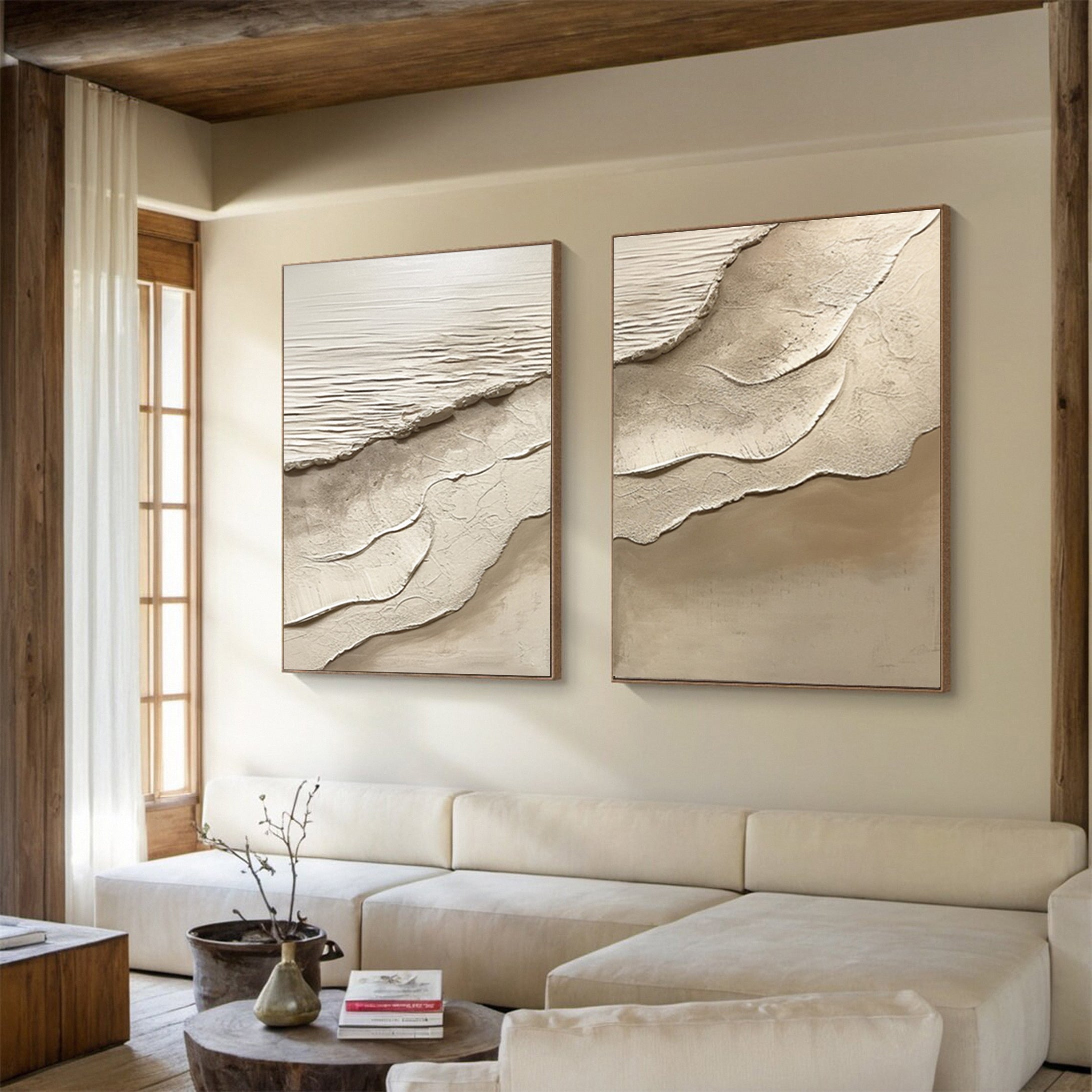 Minimalist Neutral Beach Diptych with Tactile Sand Patterns #BGA 217