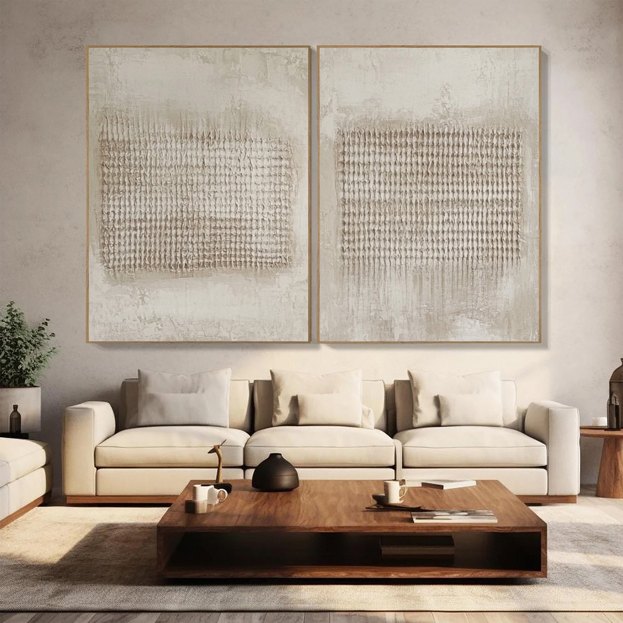 Modern Abstract Diptych with Textured Vertical Inscriptions #BGA 240