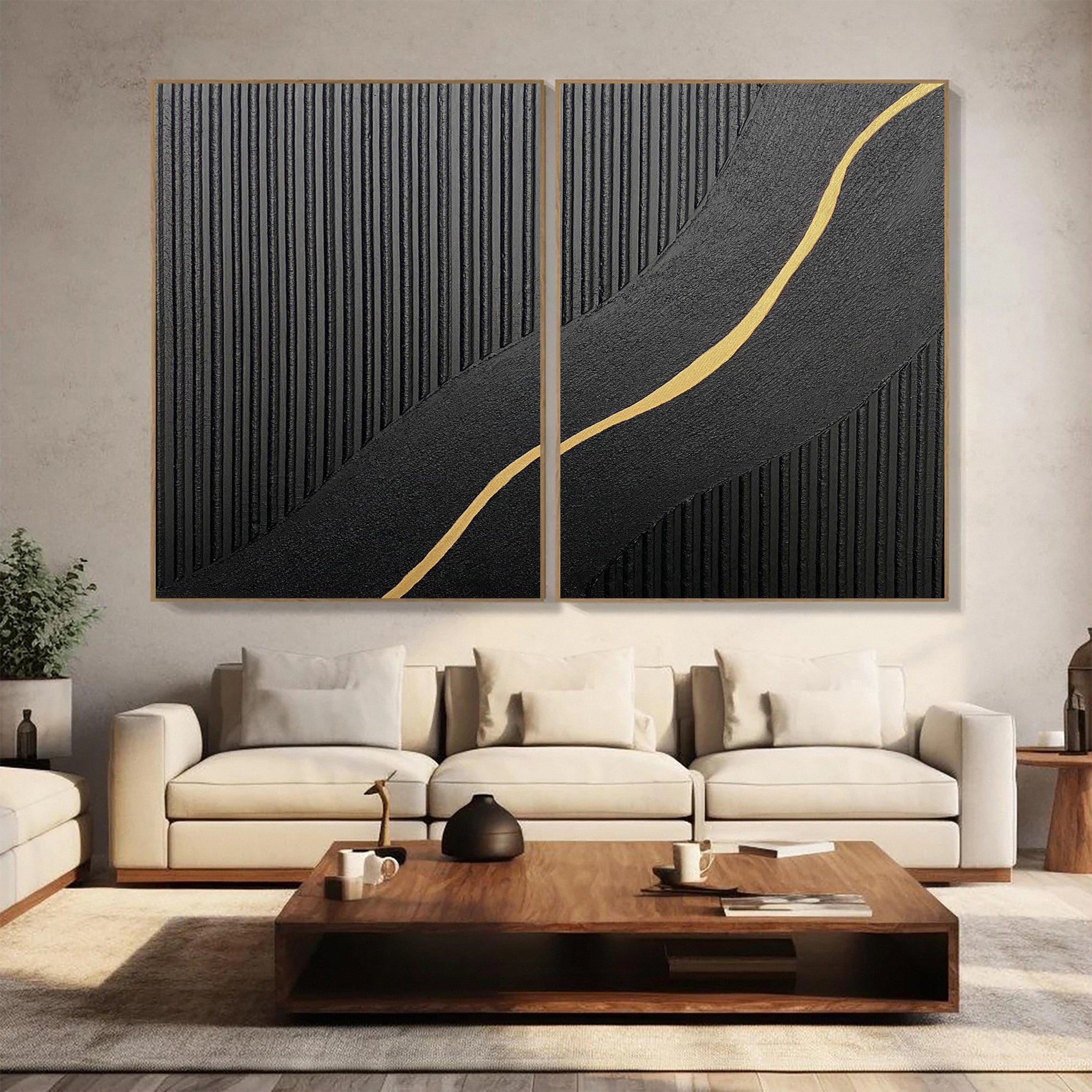 Contemporary Black Impasto Diptych with Flowing Gold Current #BGA 228