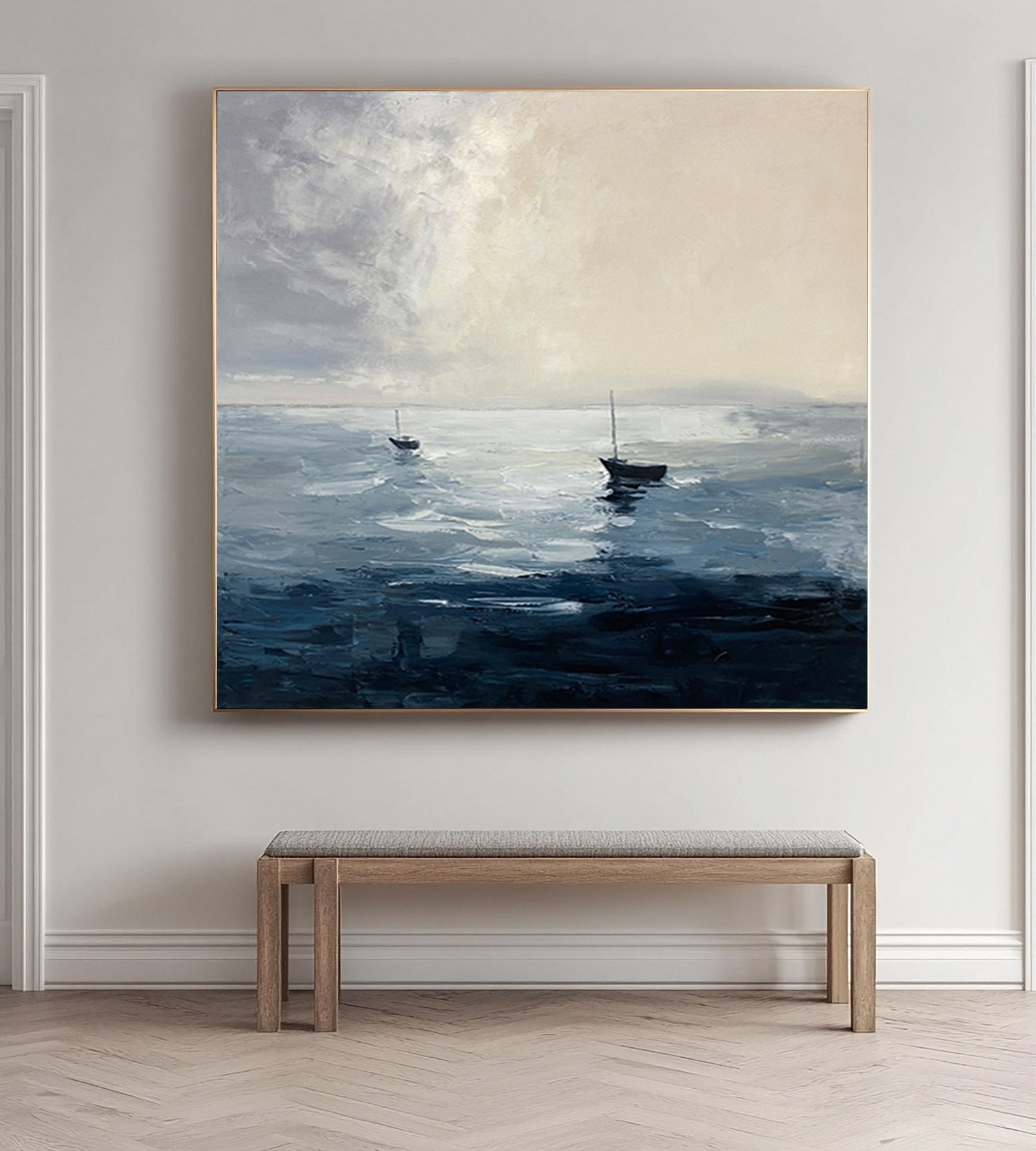 Minimalist Marine Art with Two Boats on a Calm, Cloudy Sea #BGA 280