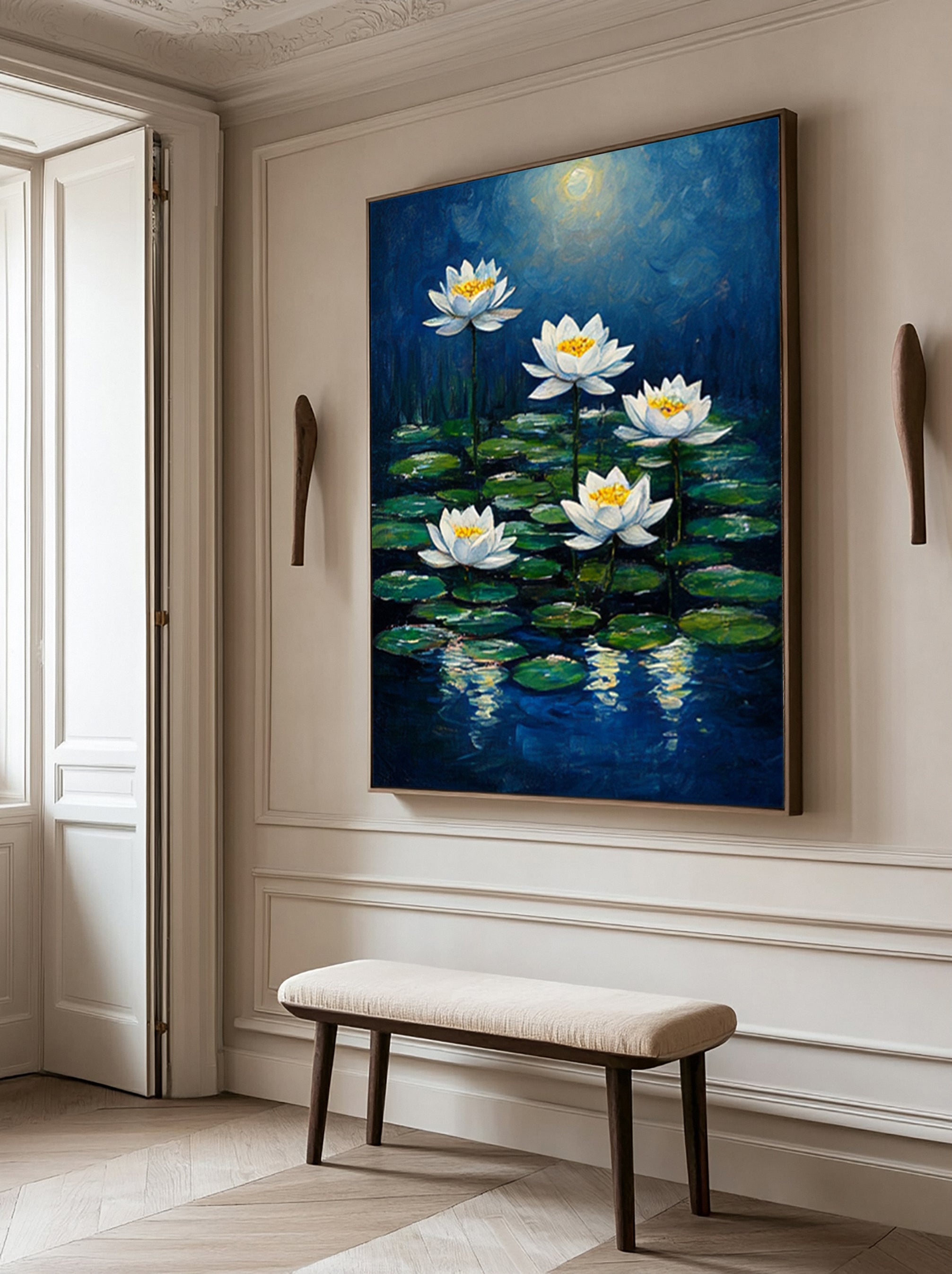 Modern Painting with Soft Light Illuminating Lilies on Dark Water #BGA 277