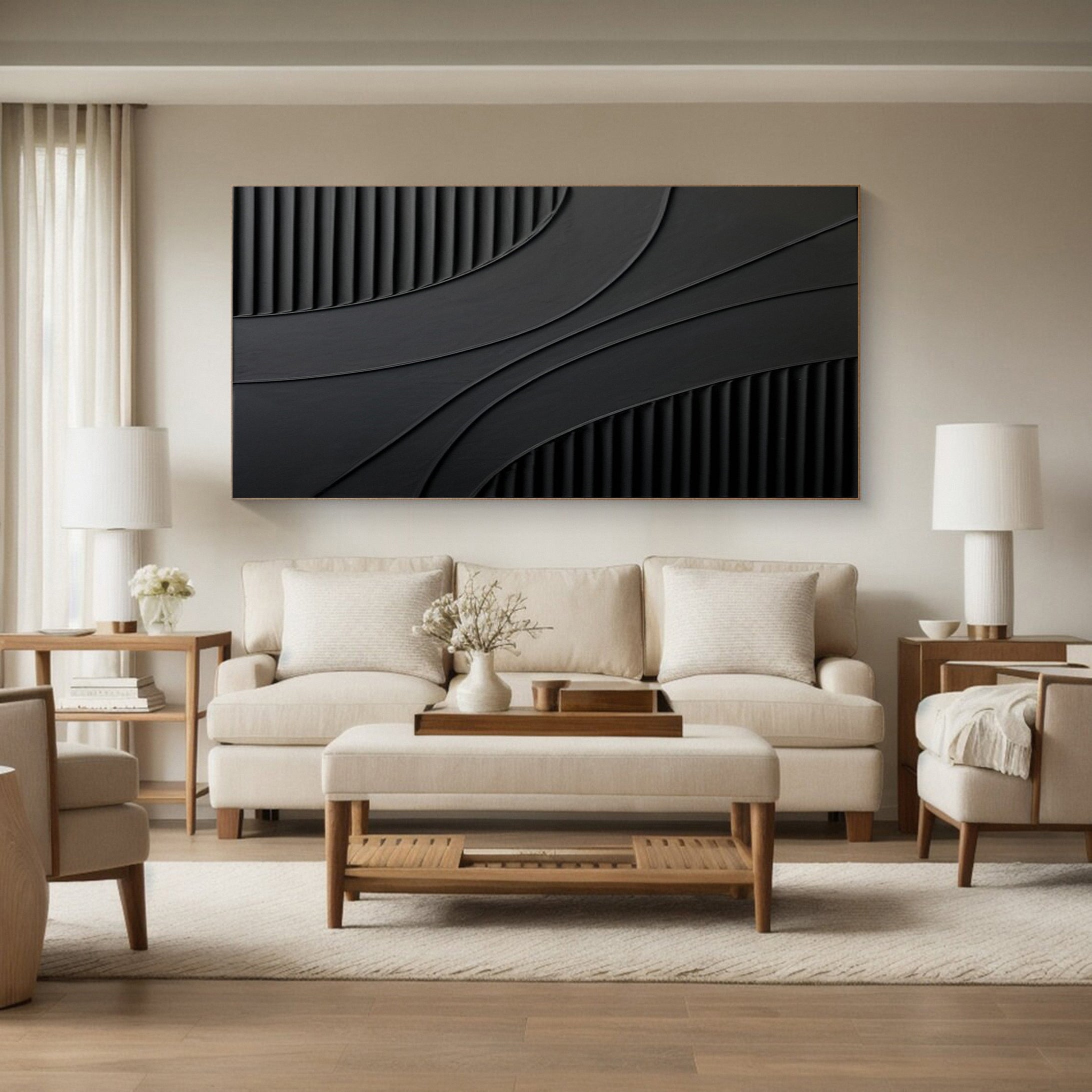Large Black Art with Sculpted Lines and Overlapping Shapes #BGA 247