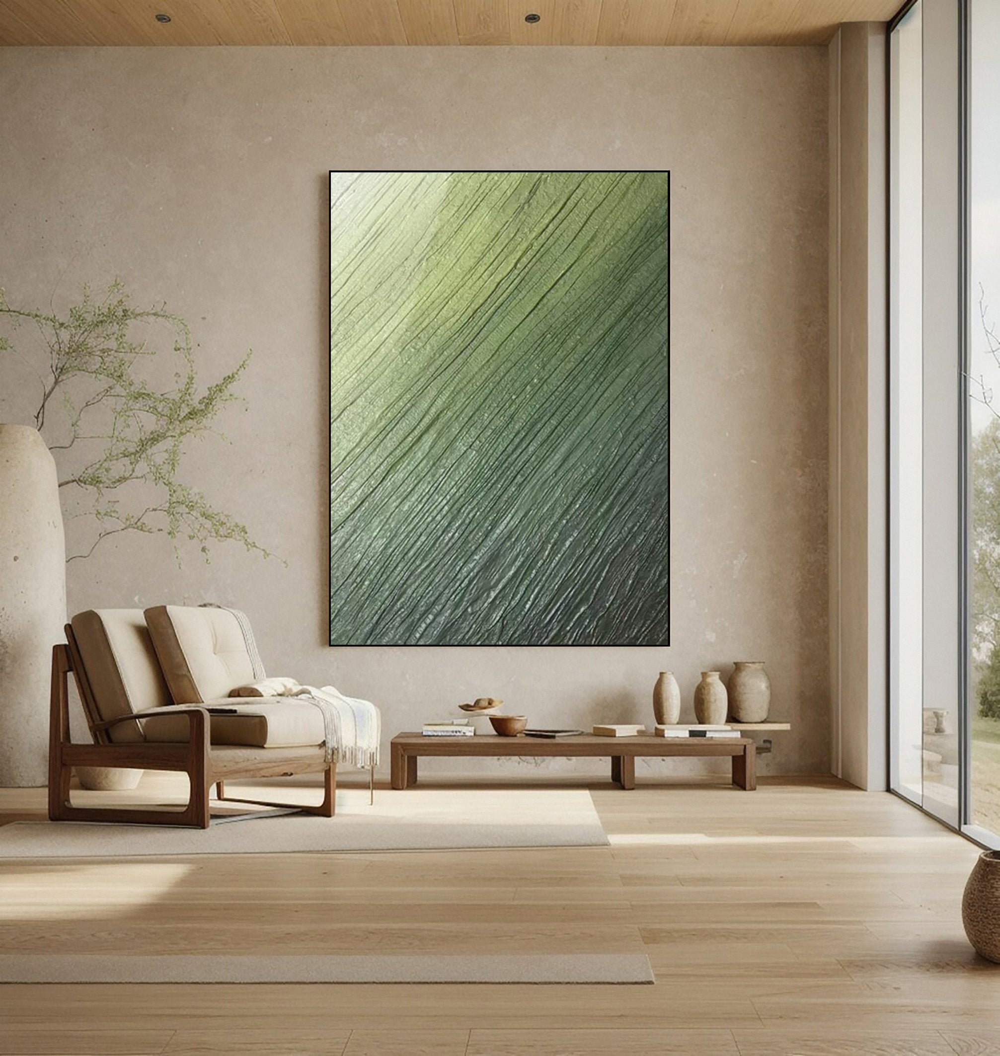 Contemporary Abstract Painting with Diagonal Green Striations #BGA 257