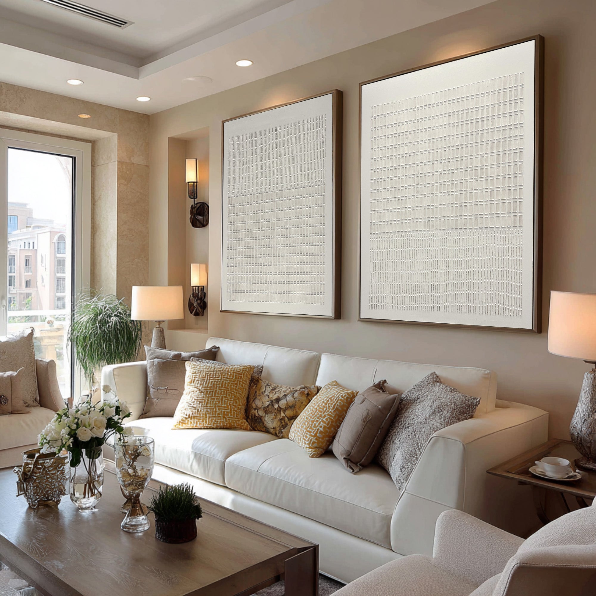 Large Abstract Oil Painting Beige Textured Grid Art Set, Minimal Wall Art for Living Room | ArtvistaGallery #WAB 019