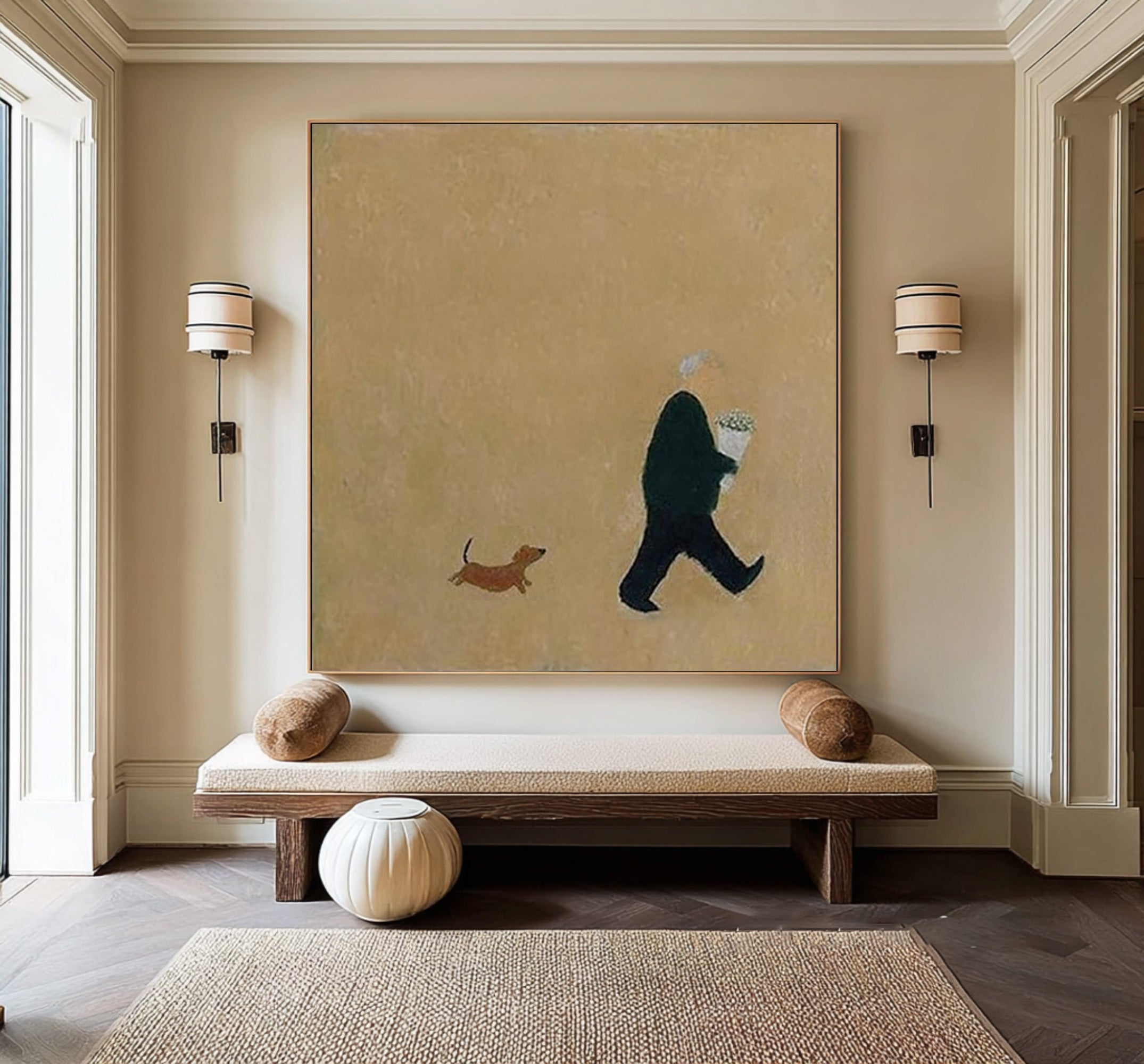 Large Abstract Oil Painting Figure and Dog, Minimal Warm Wall Art for Home Decor | ArtvistaGallery #WAB 015