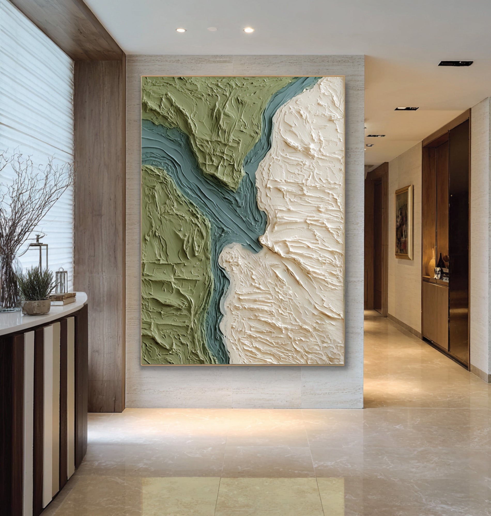 Large Abstract Oil Painting Green Terrain Art, Organic Textured Wall Art for Living Room | ArtvistaGallery #WAB 028