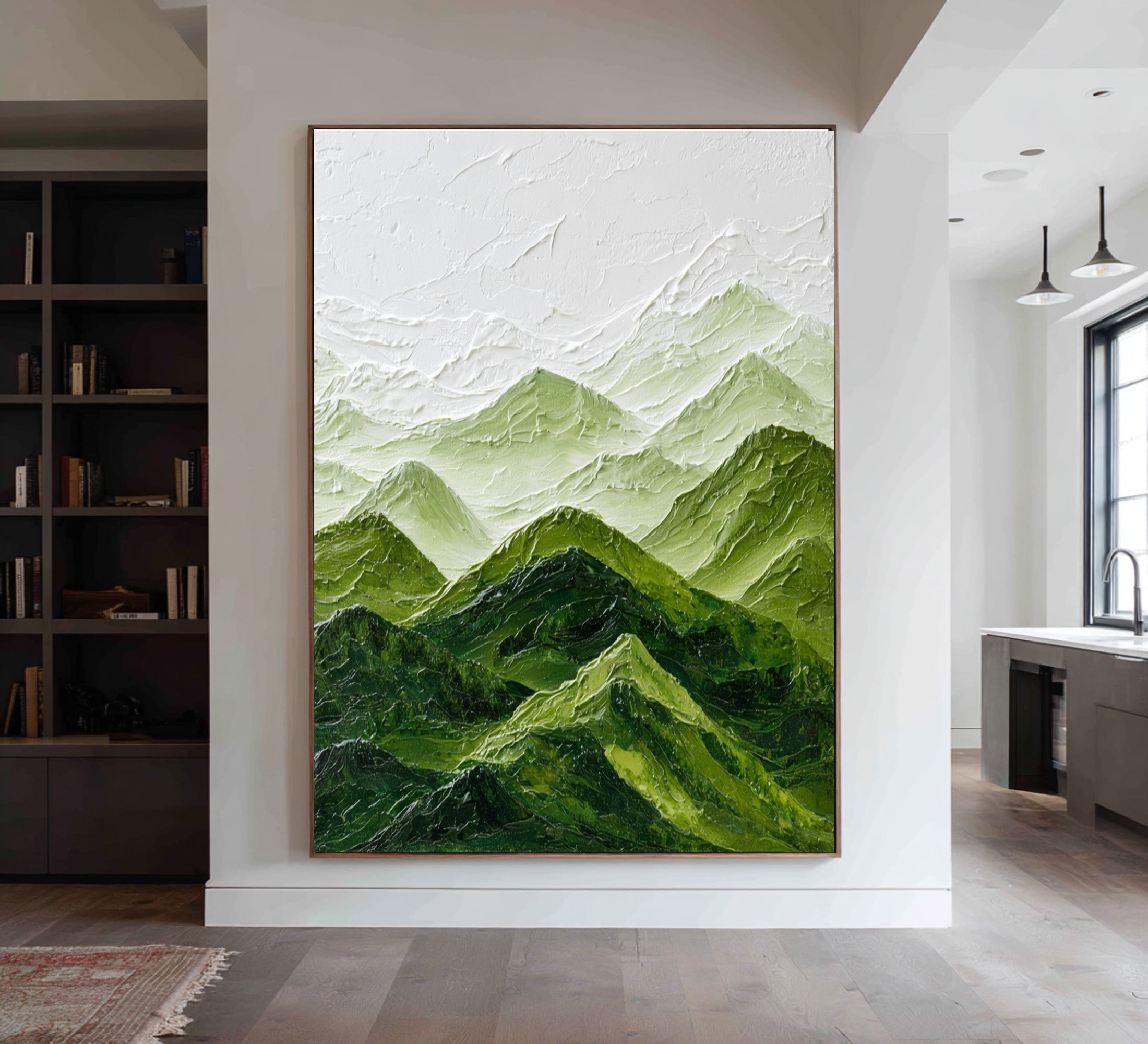 Large Abstract Oil Painting Mountain Landscape, Green Calm Wall Art for Home Decor | ArtvistaGallery #WAB 006