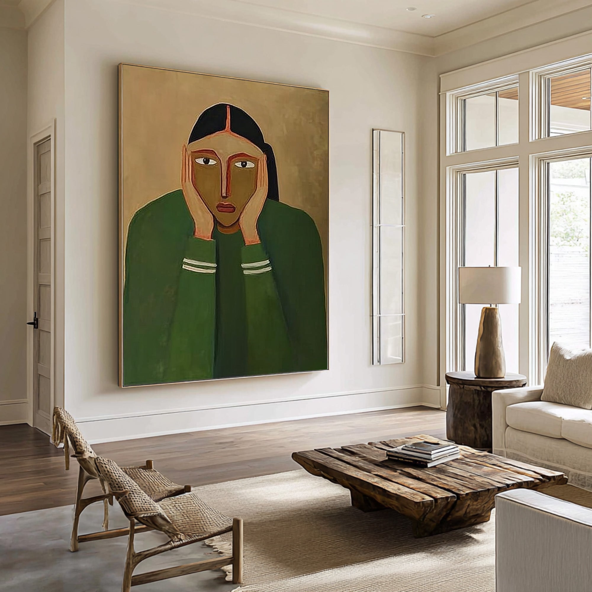 Large Abstract Portrait Oil Painting Green Tones, Emotional Modern Wall Art for Living Room #WAB-030