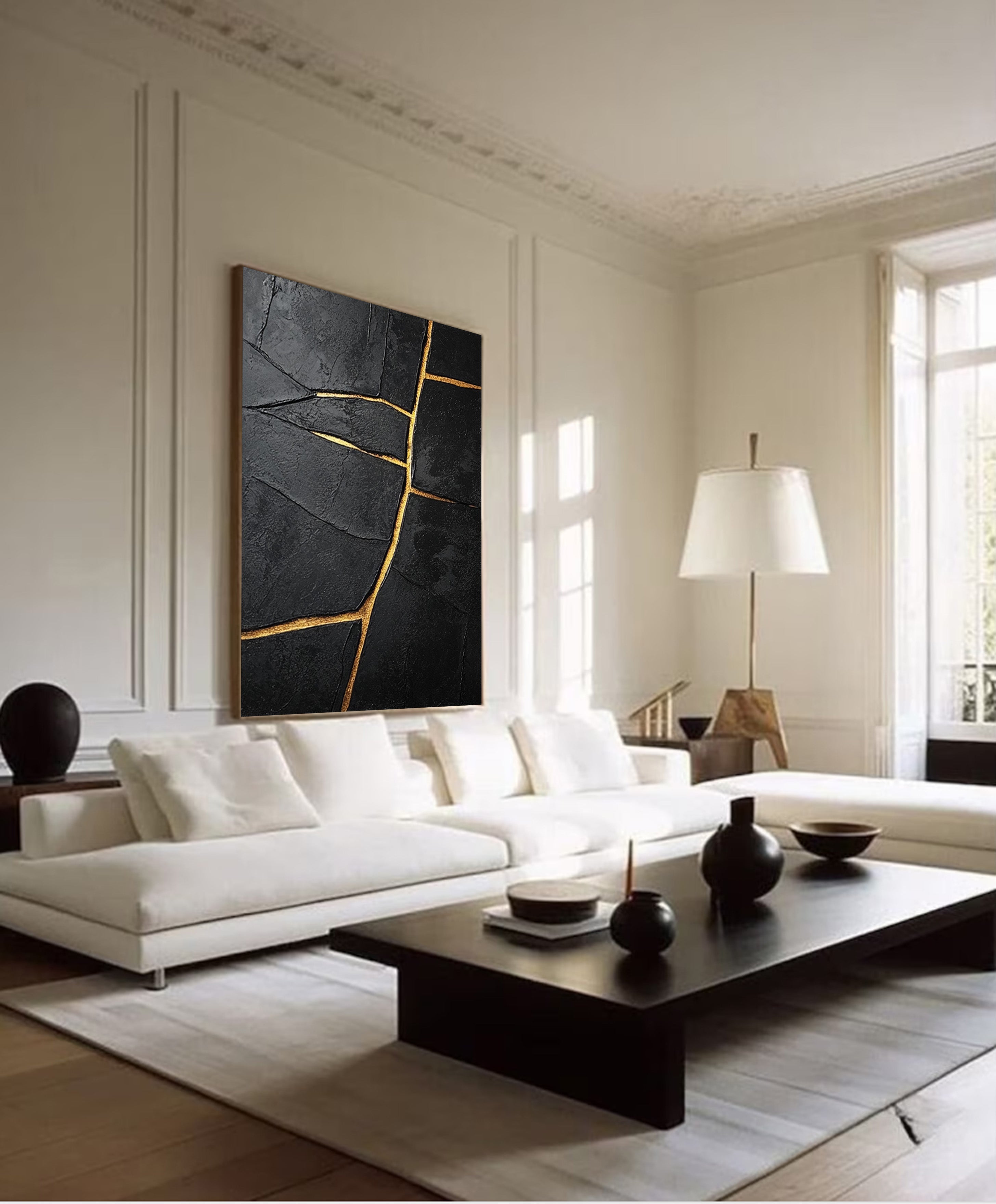 Modern Abstract with Deeply Textured Black and Gold Lines #BGA 186