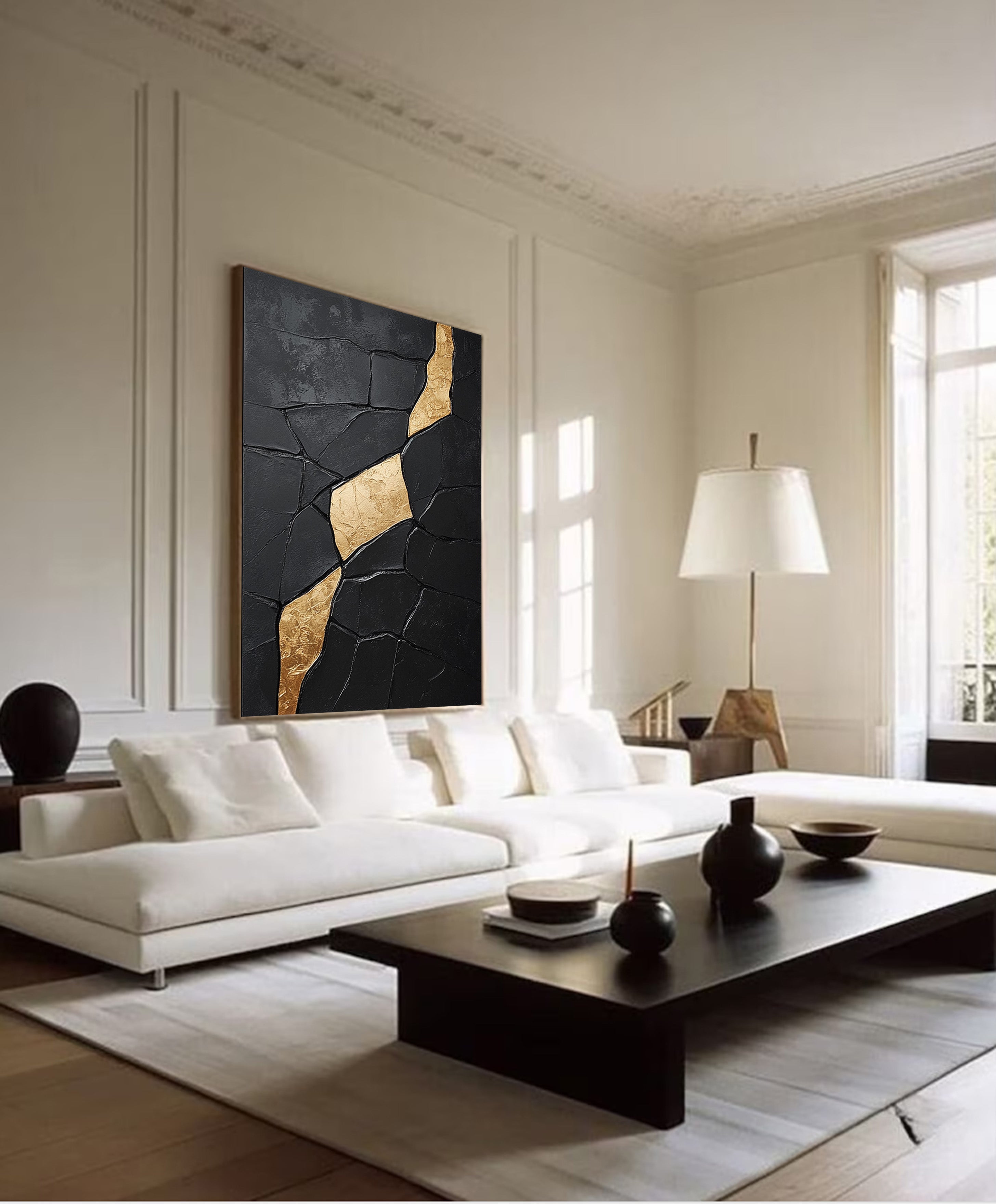 Large Textured Black Abstract with Diagonal Gold Divide #BGA 192