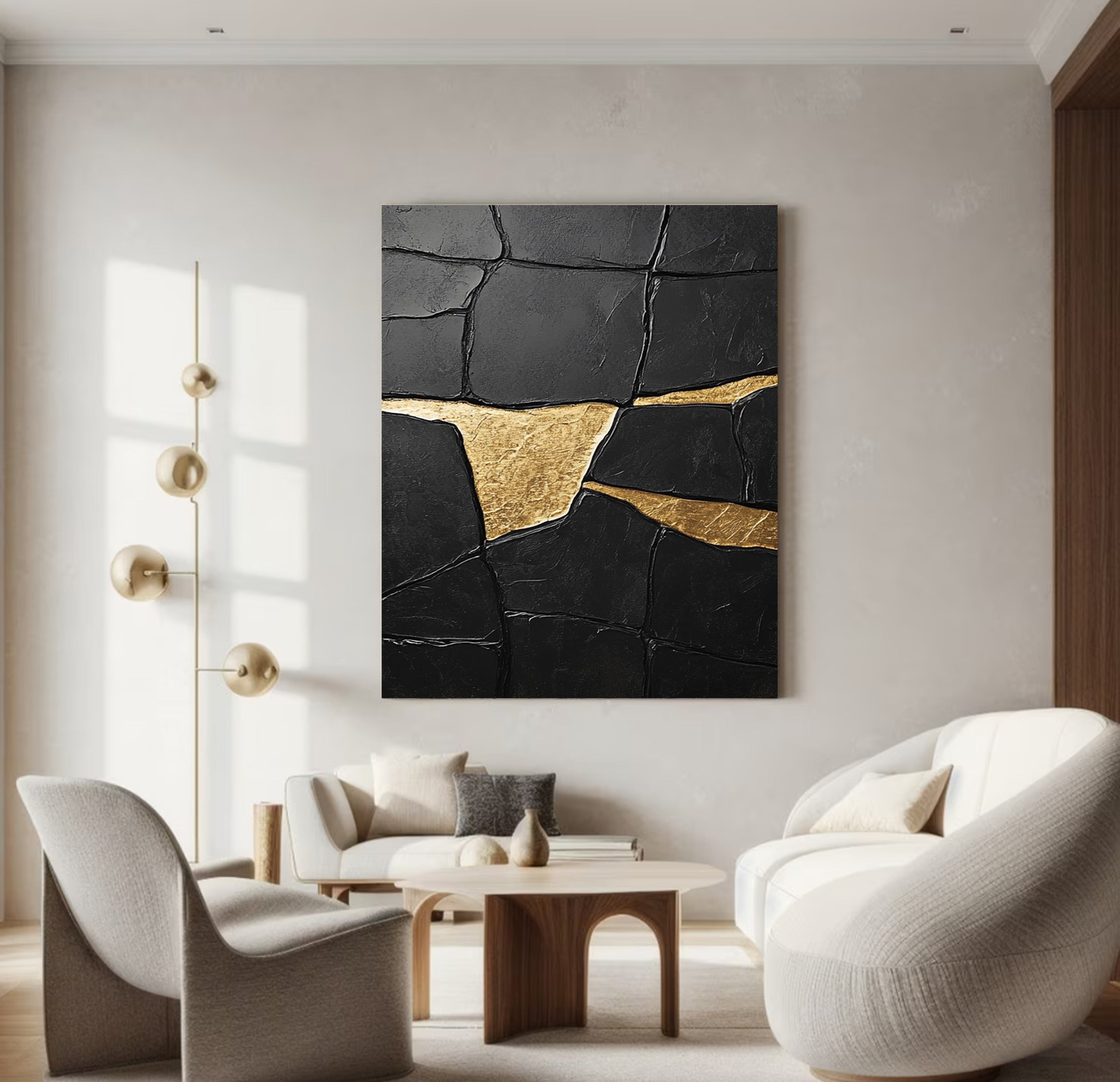 Textured Black Abstract with Irregular Gold Veins, Modern Art #BGA 185