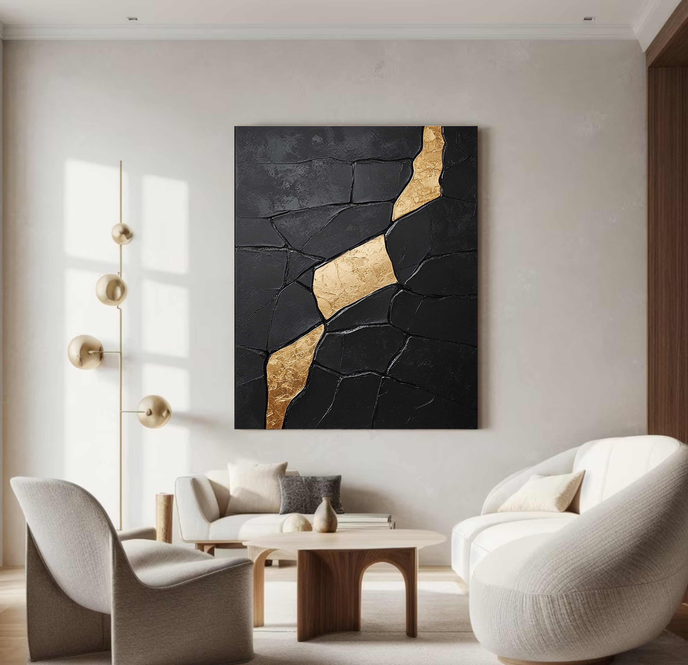 Large Textured Black Abstract with Diagonal Gold Divide #BGA 192