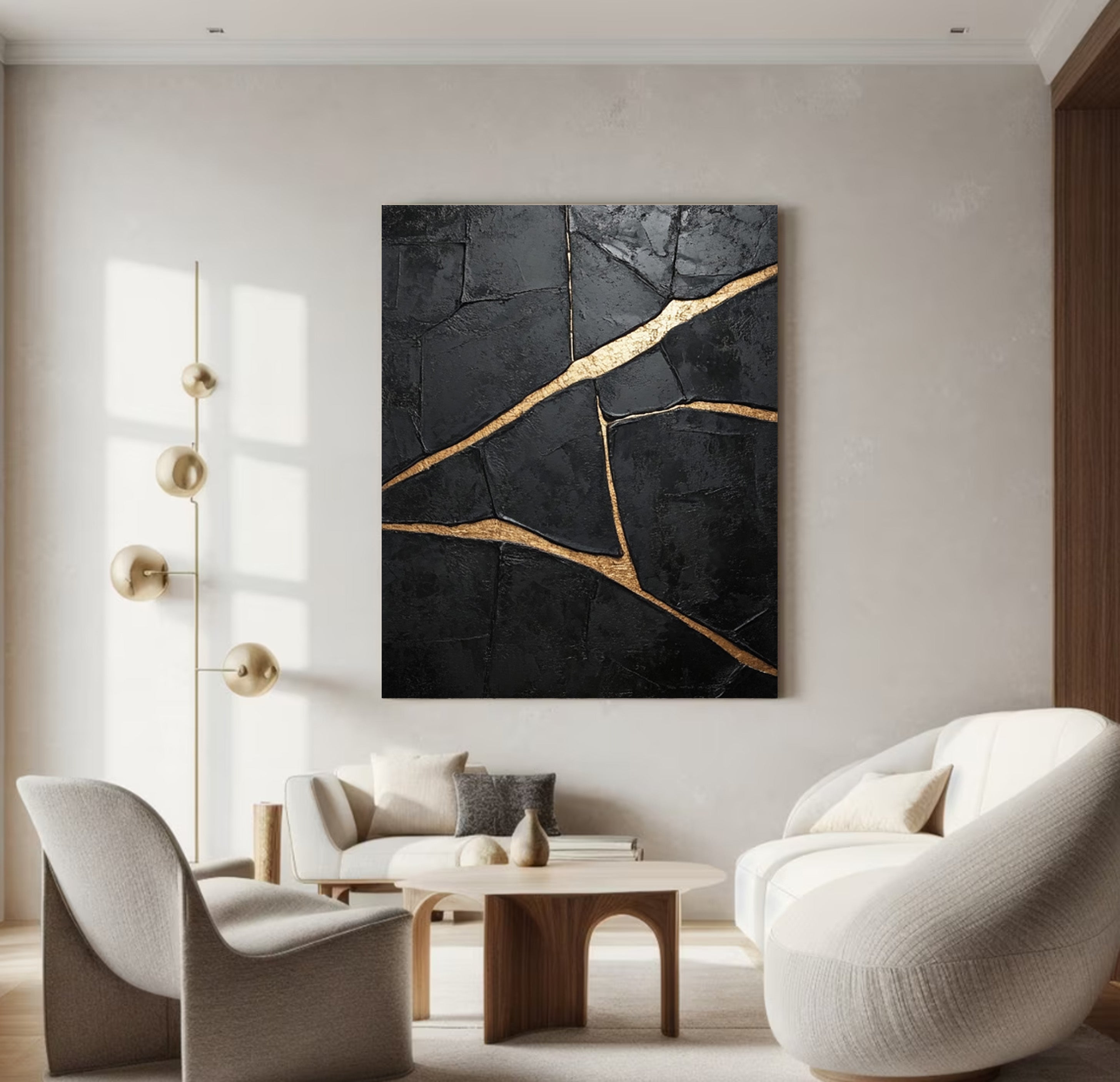 Heavily Textured Black Art with Gold Seams, Modern Canvas #BGA 183
