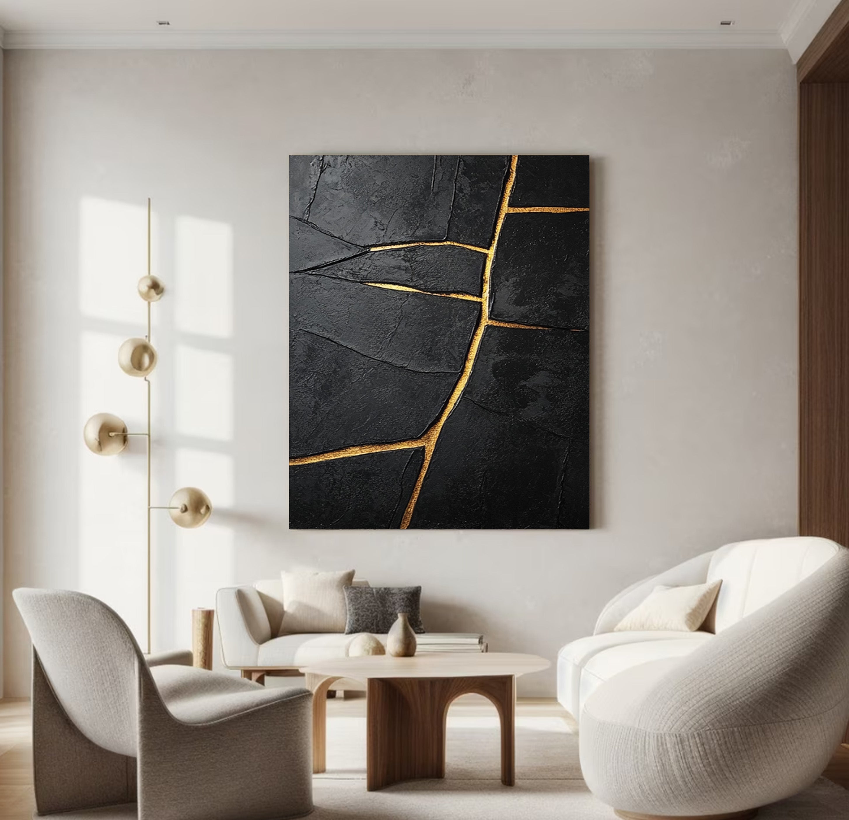 Modern Abstract with Deeply Textured Black and Gold Lines #BGA 186