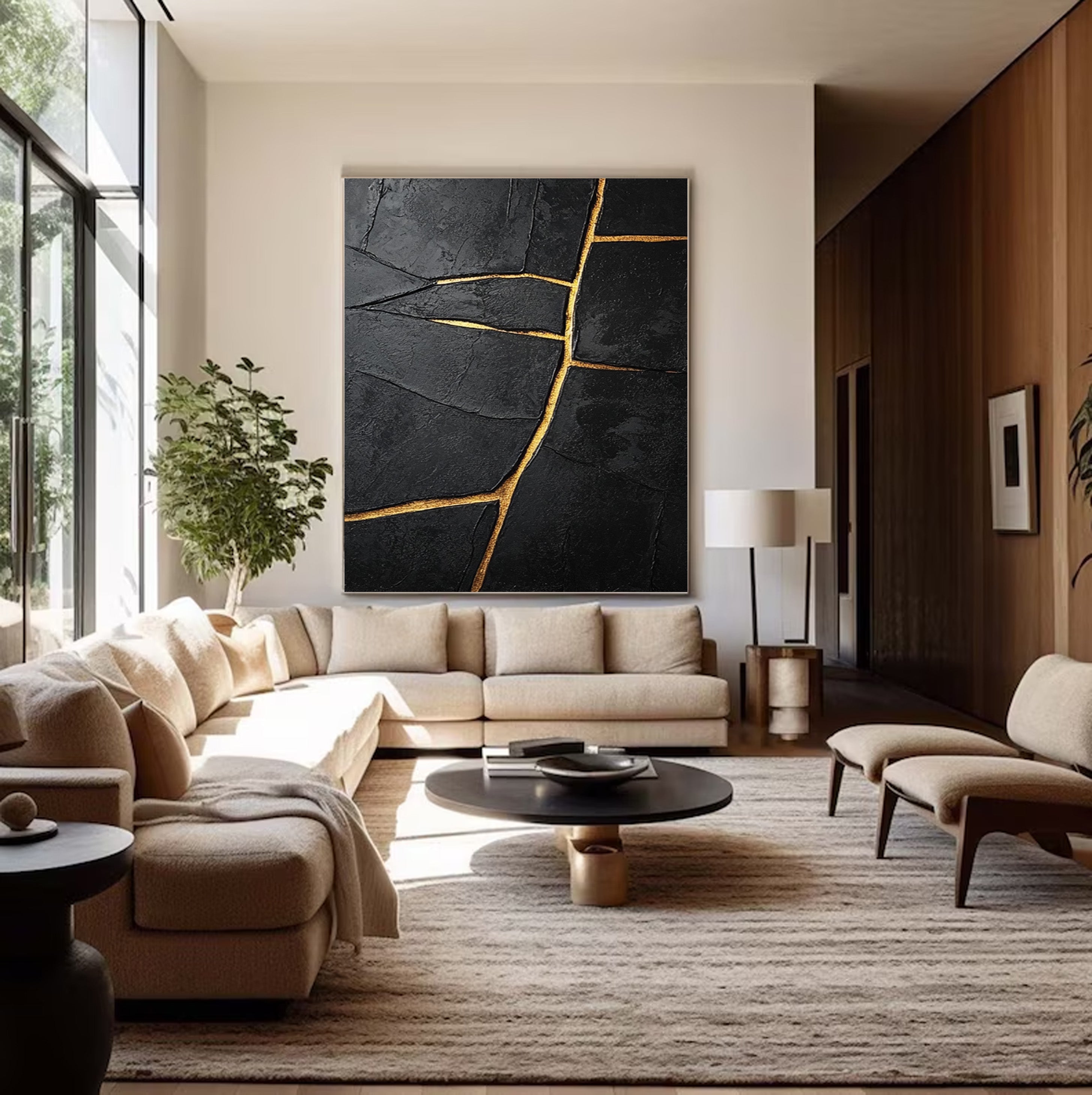 Modern Abstract with Deeply Textured Black and Gold Lines #BGA 186