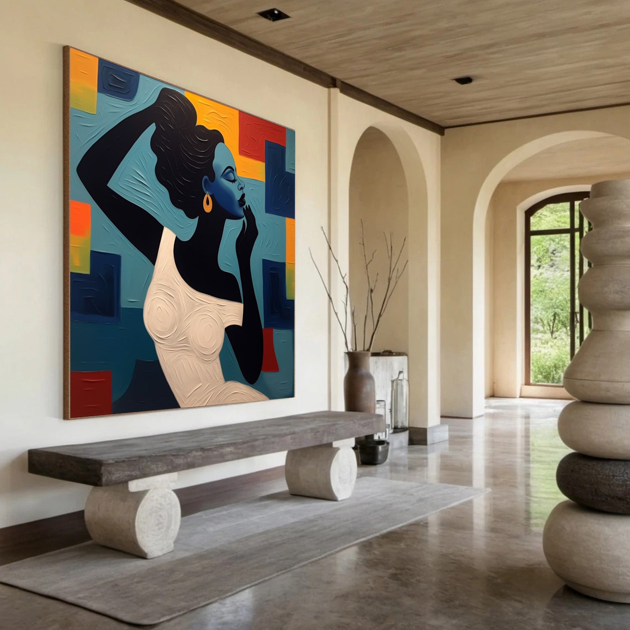 Textured Portrait with Bold Color Geometry, Modern Wall Art #BGA 170