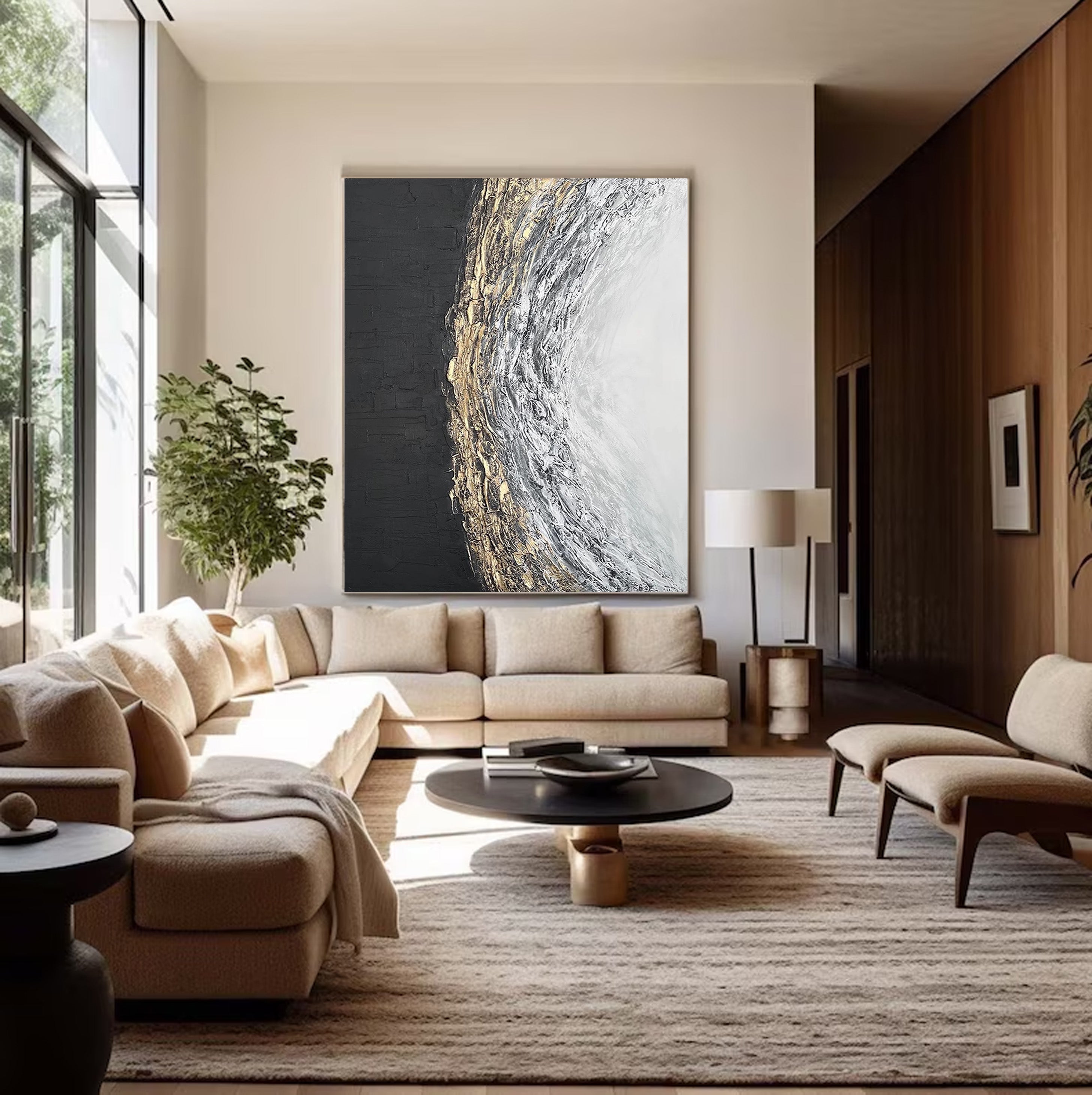 Lunar Divide: Abstract Textured Art, Gold Accent Canvas #BGA 117