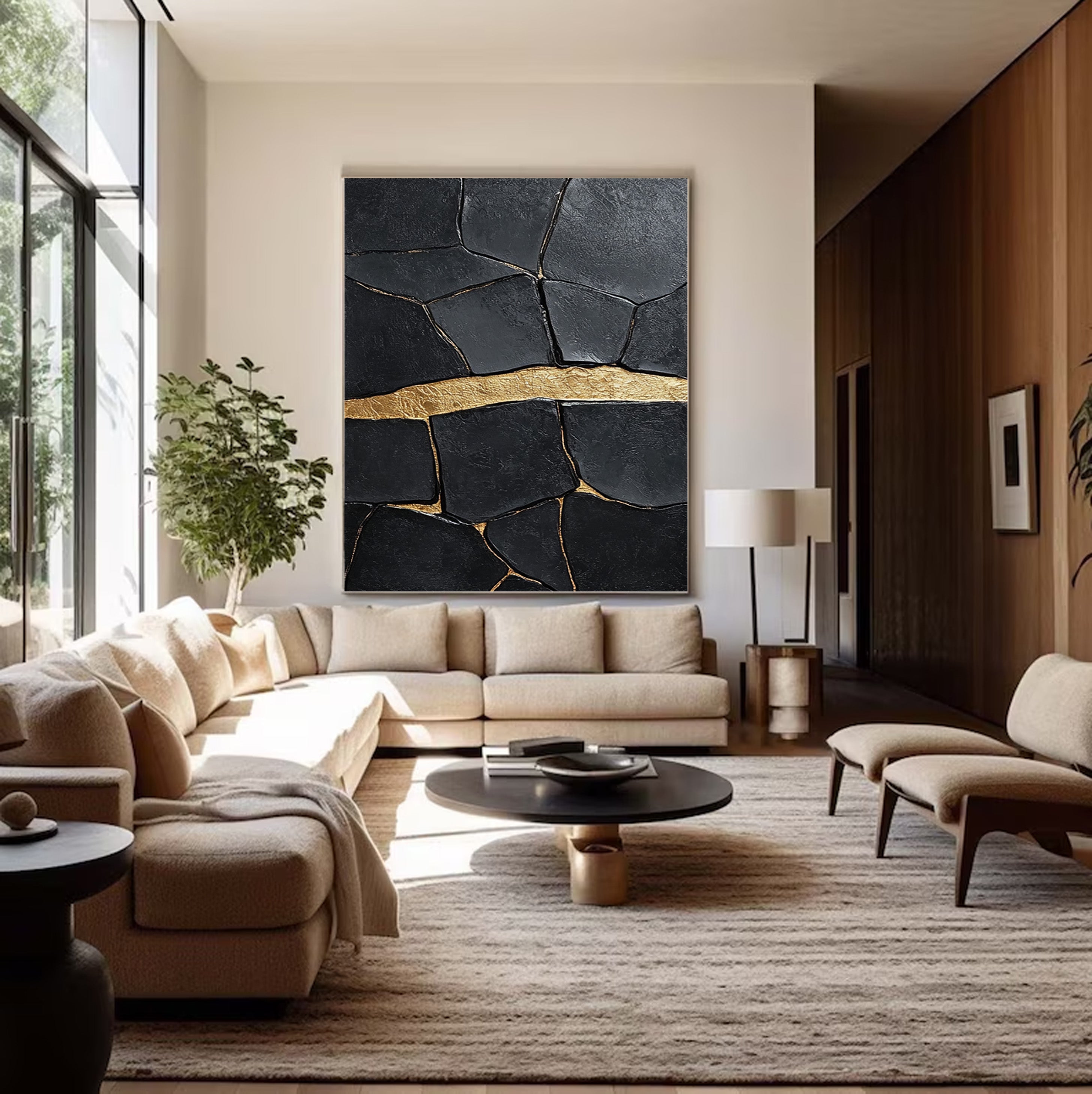 Black Impasto Art with a Bold Golden Fault, Textured Abstract #BGA 184