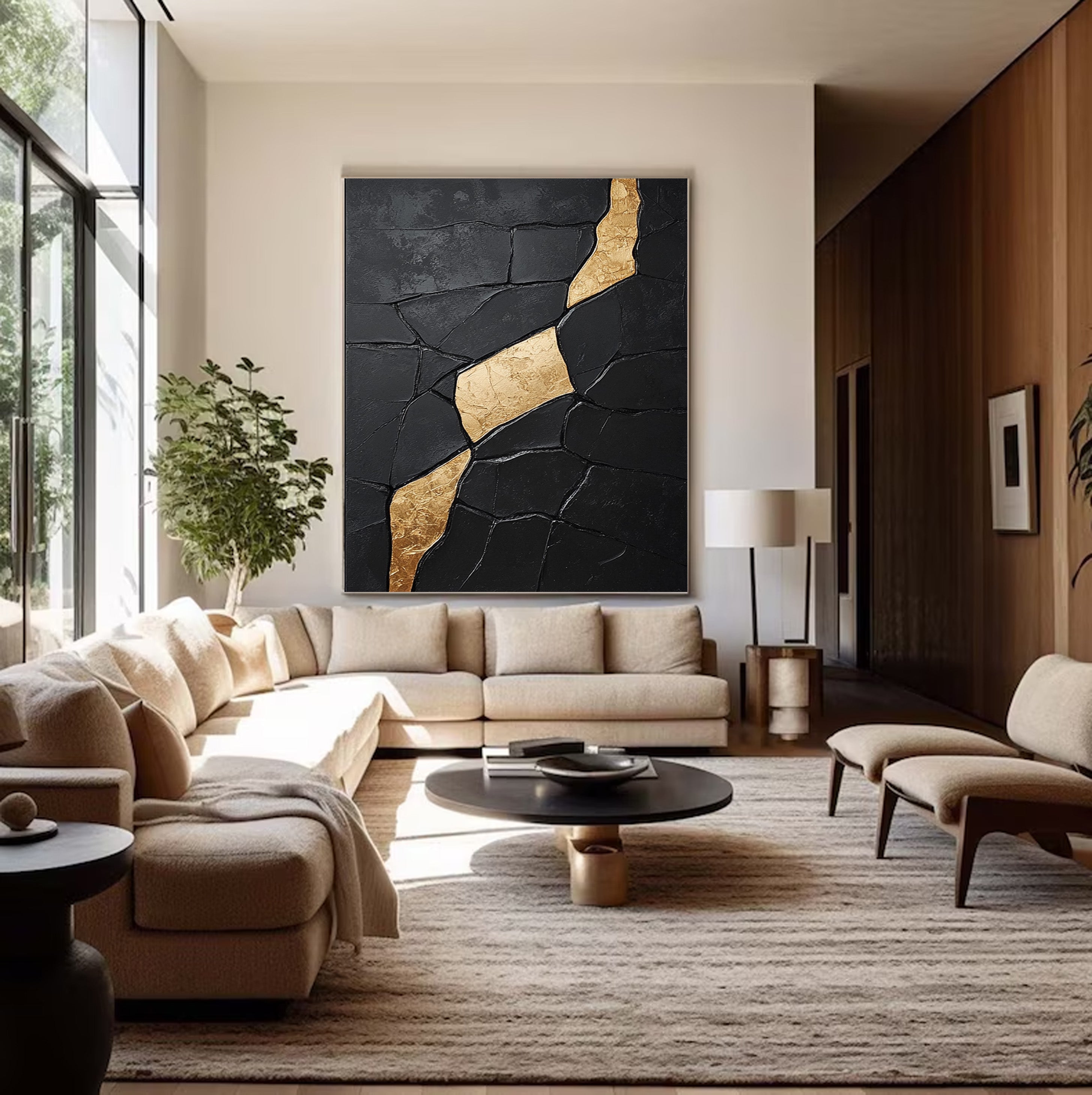 Large Textured Black Abstract with Diagonal Gold Divide #BGA 192