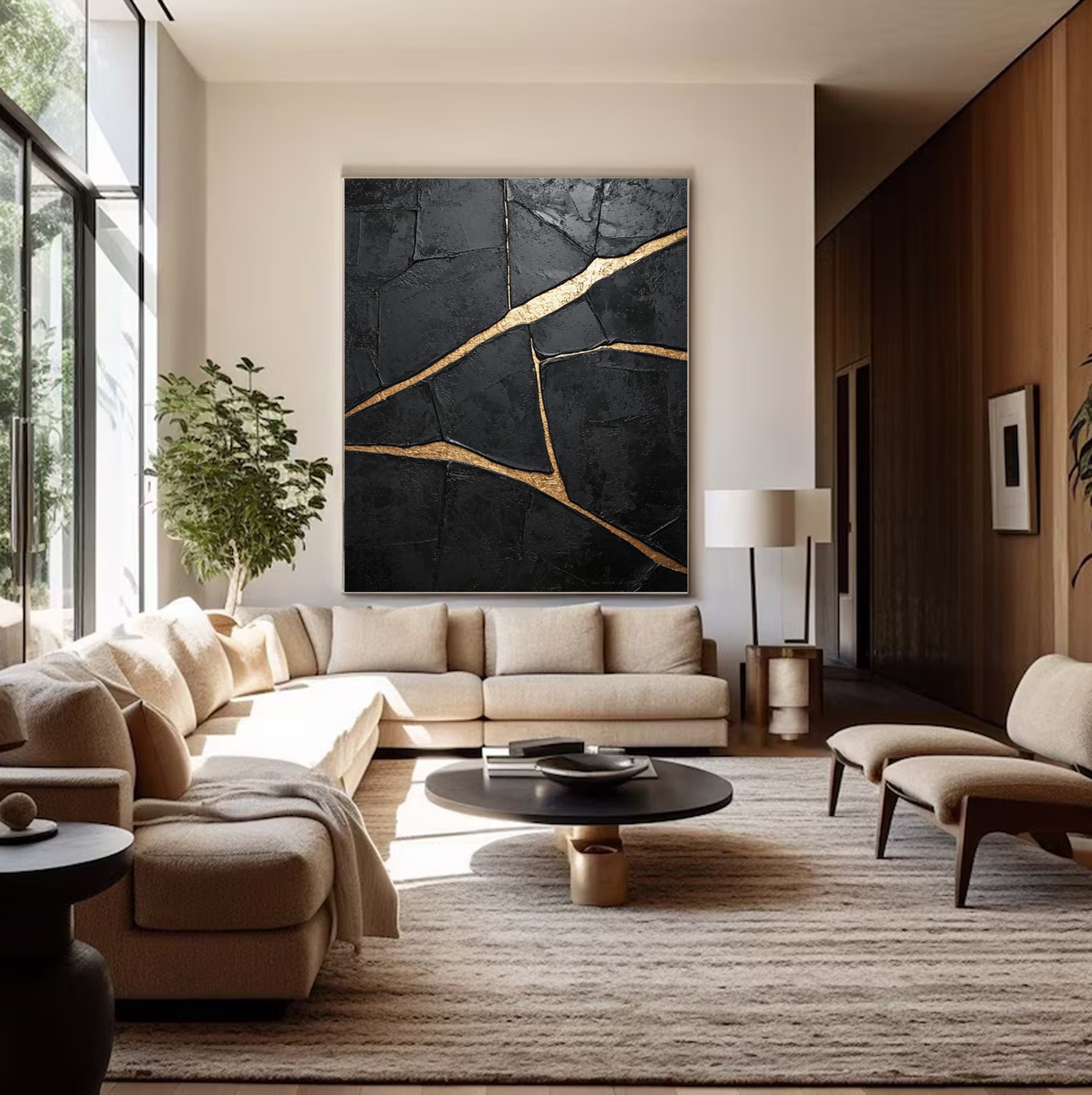 Heavily Textured Black Art with Gold Seams, Modern Canvas #BGA 183