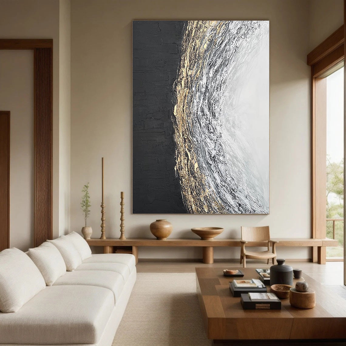 Lunar Divide: Abstract Textured Art, Gold Accent Canvas #BGA 117