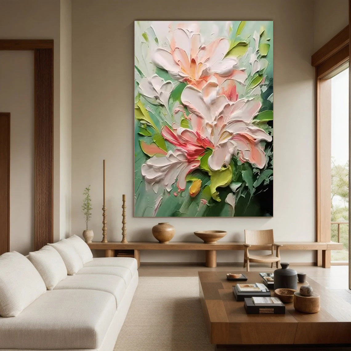 Textured Bloom: 3D Impasto Flower Art, Pink Green Palette #BGA 122