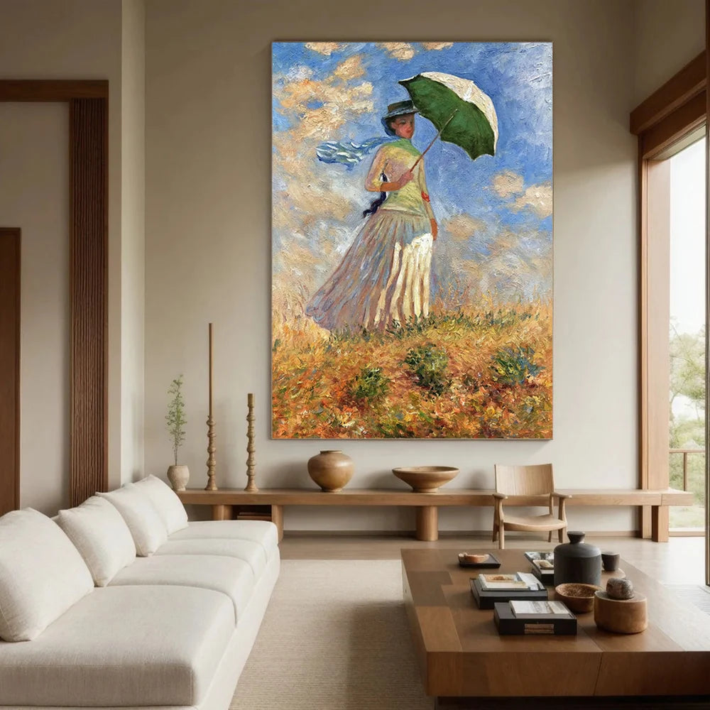 Afternoon Light Across The Meadow Impressionist Painting Woman Parasol Landscape Wall Art