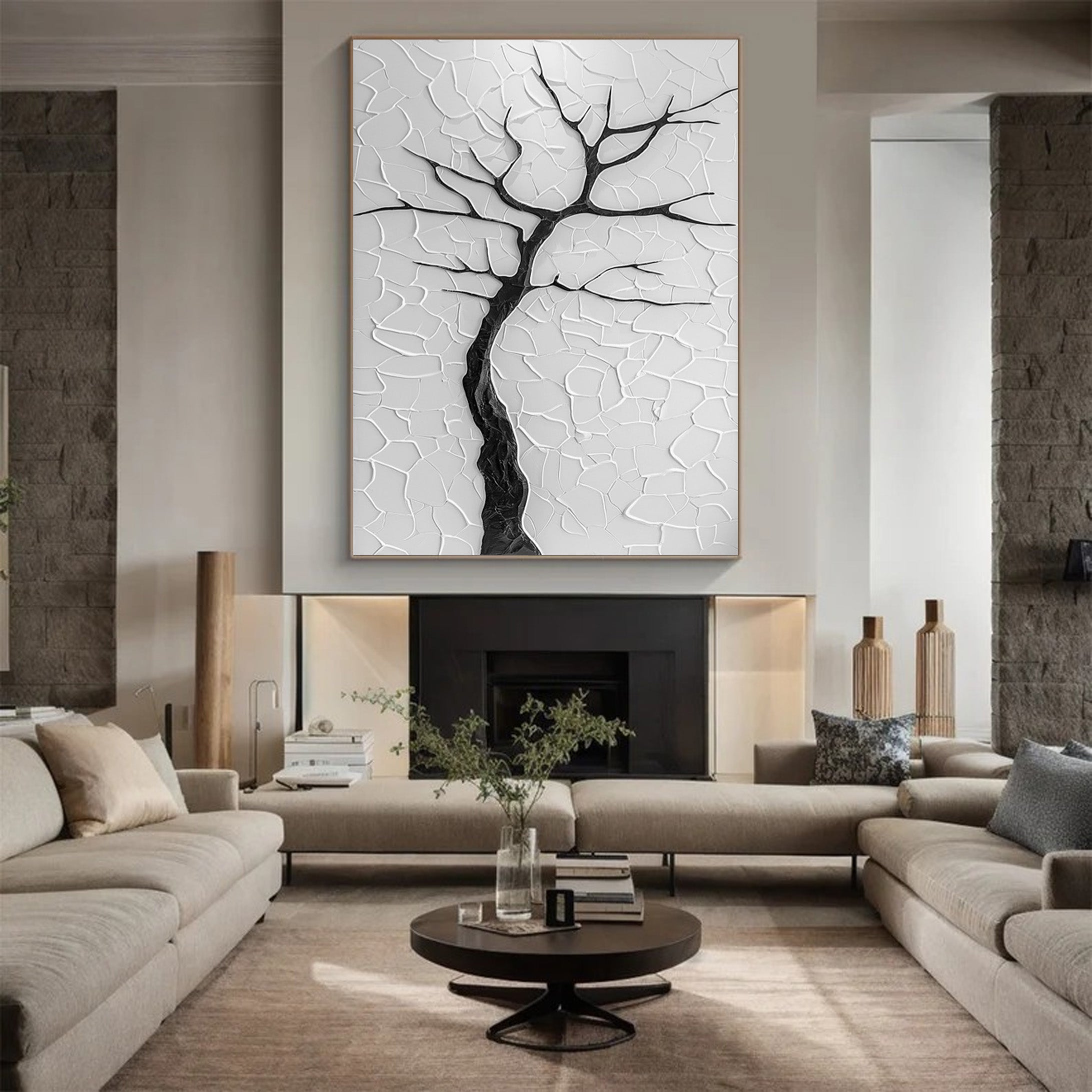 Modern Minimalist Tree Against Cracked White Impasto #BGA 203