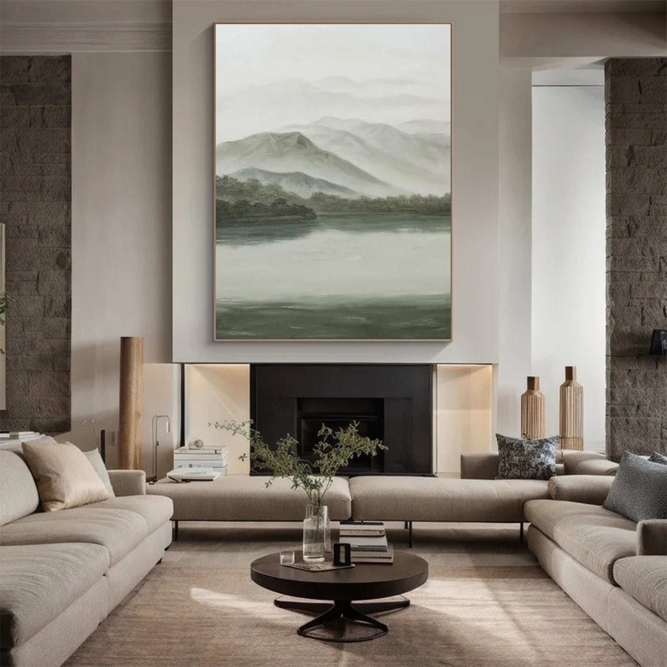 Tranquil Green & Gray River Landscape, Atmospheric Painting #BGA 173