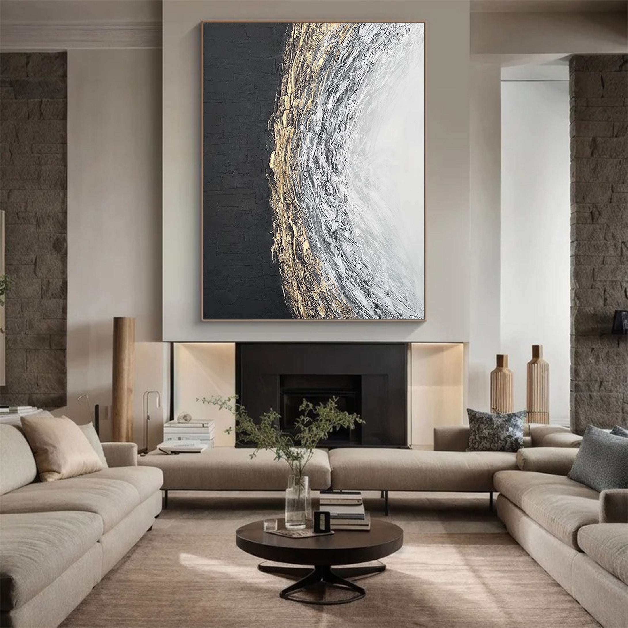 Lunar Divide: Abstract Textured Art, Gold Accent Canvas #BGA 117