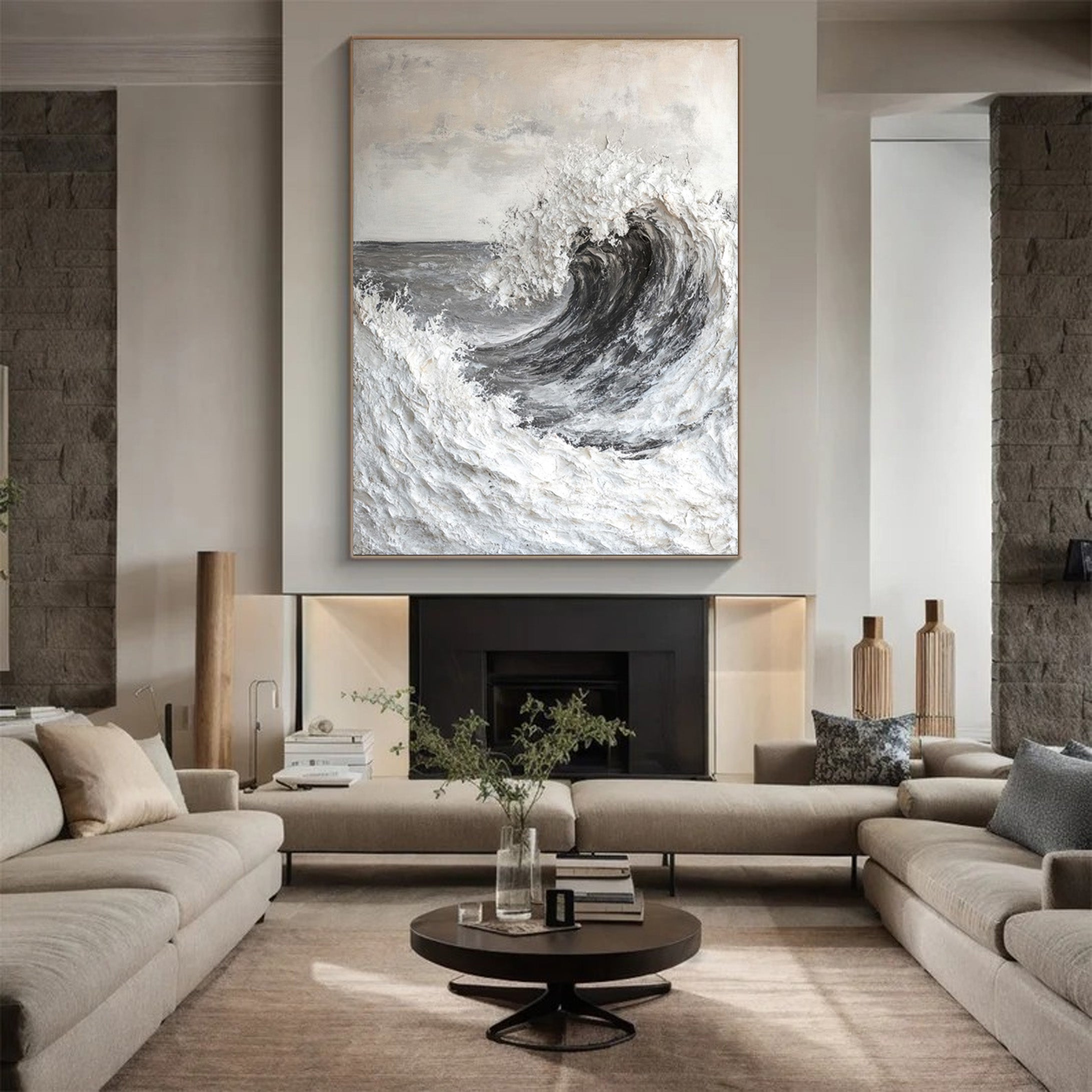 Textured Ocean Wave Wall Painting in Grayscale Impasto #BGA 201