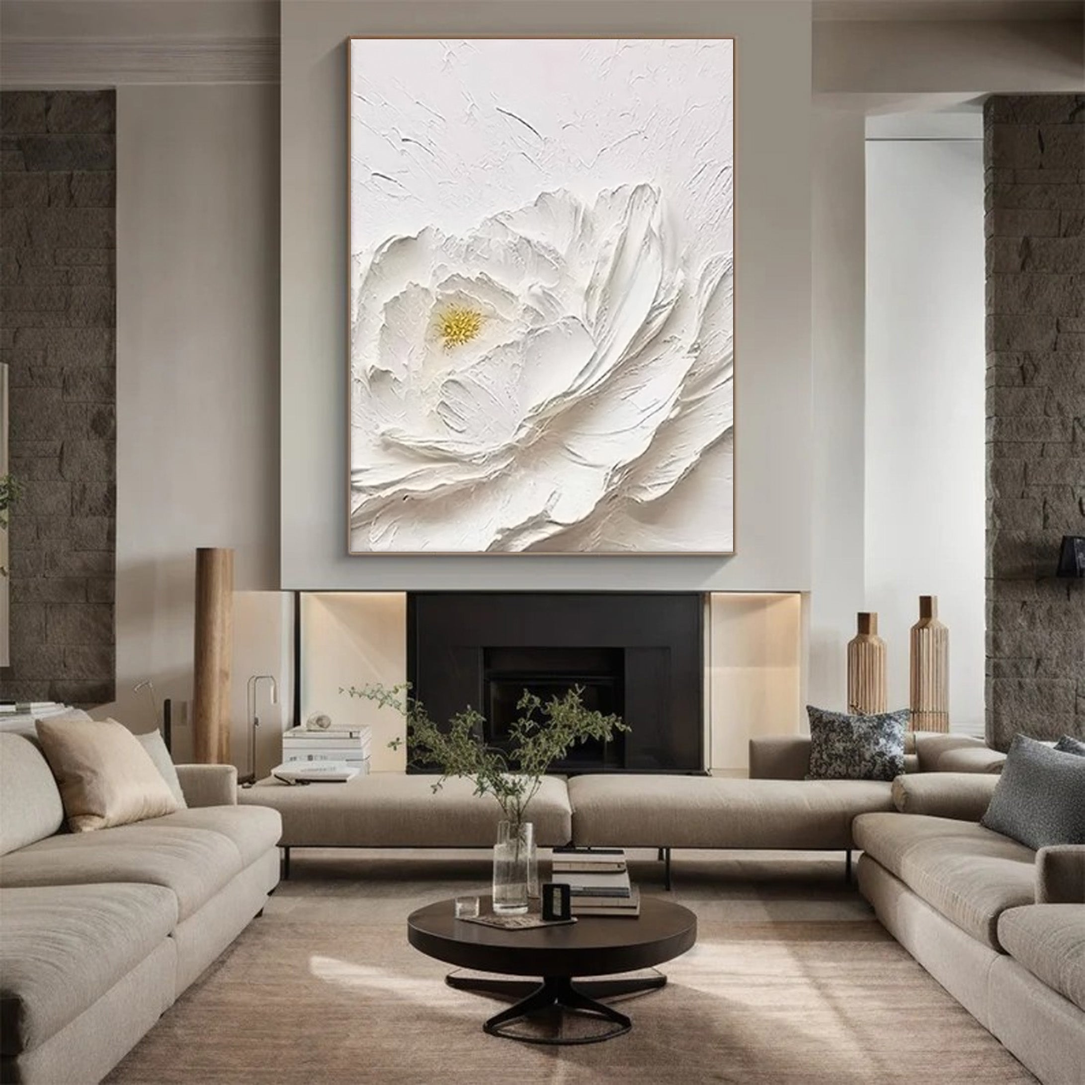 White Bloom: Textured Floral Canvas, Modern 3D Wall Art #BGA 114