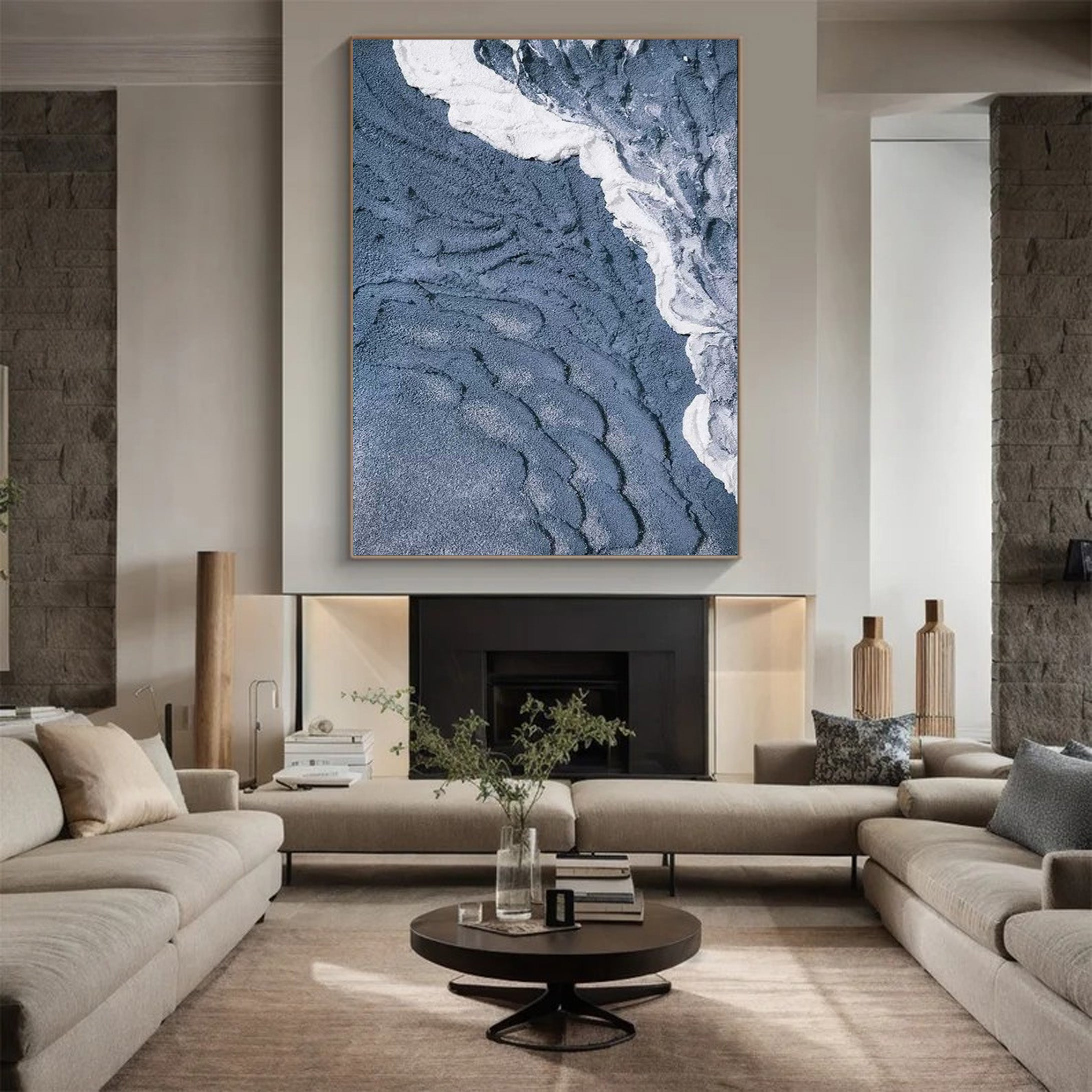 3D Textured Aerial Seascape, Minimalist Blue and White Art #BGA 164