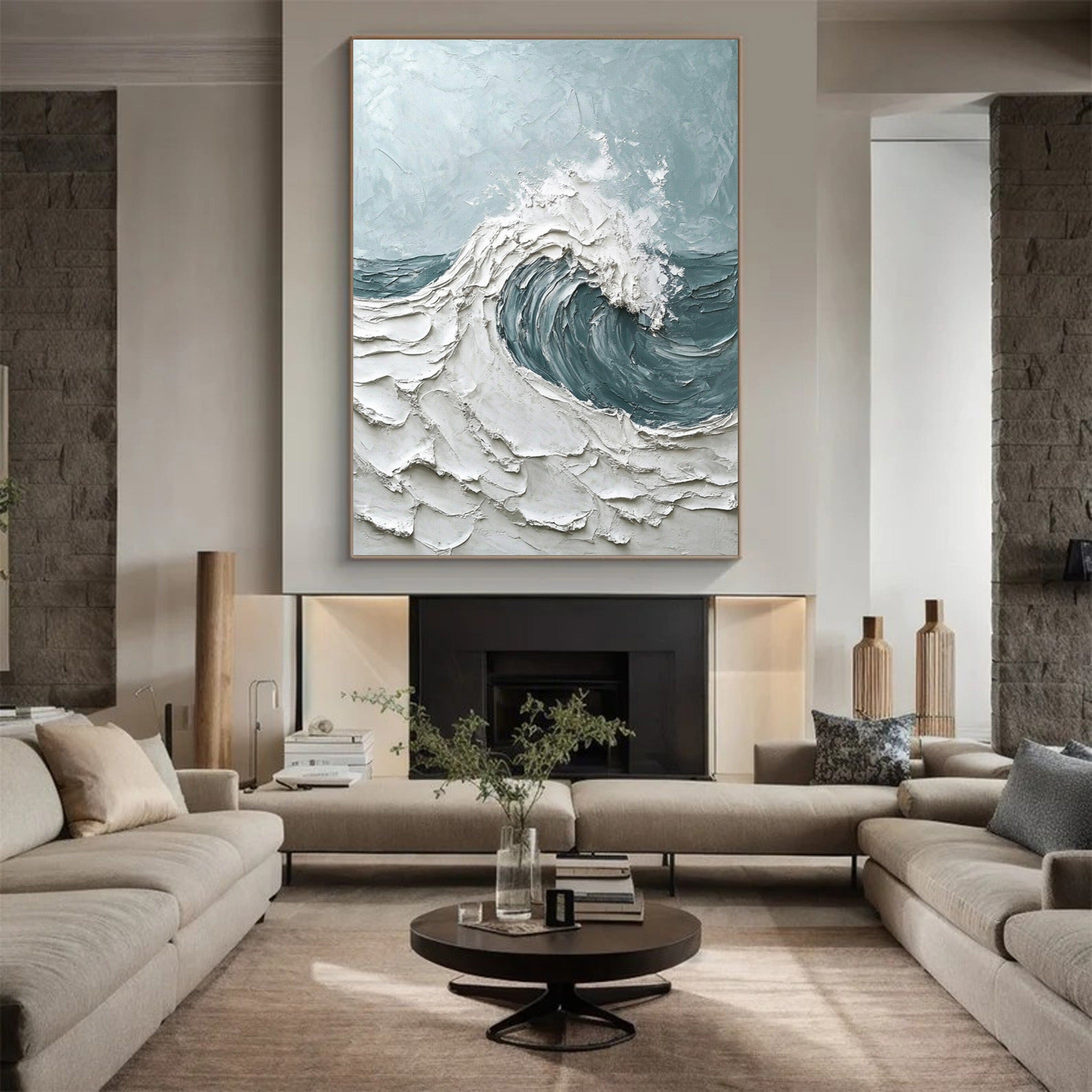 Modern Seascape Painting with Tactile Wave and Light Blues #BGA 200
