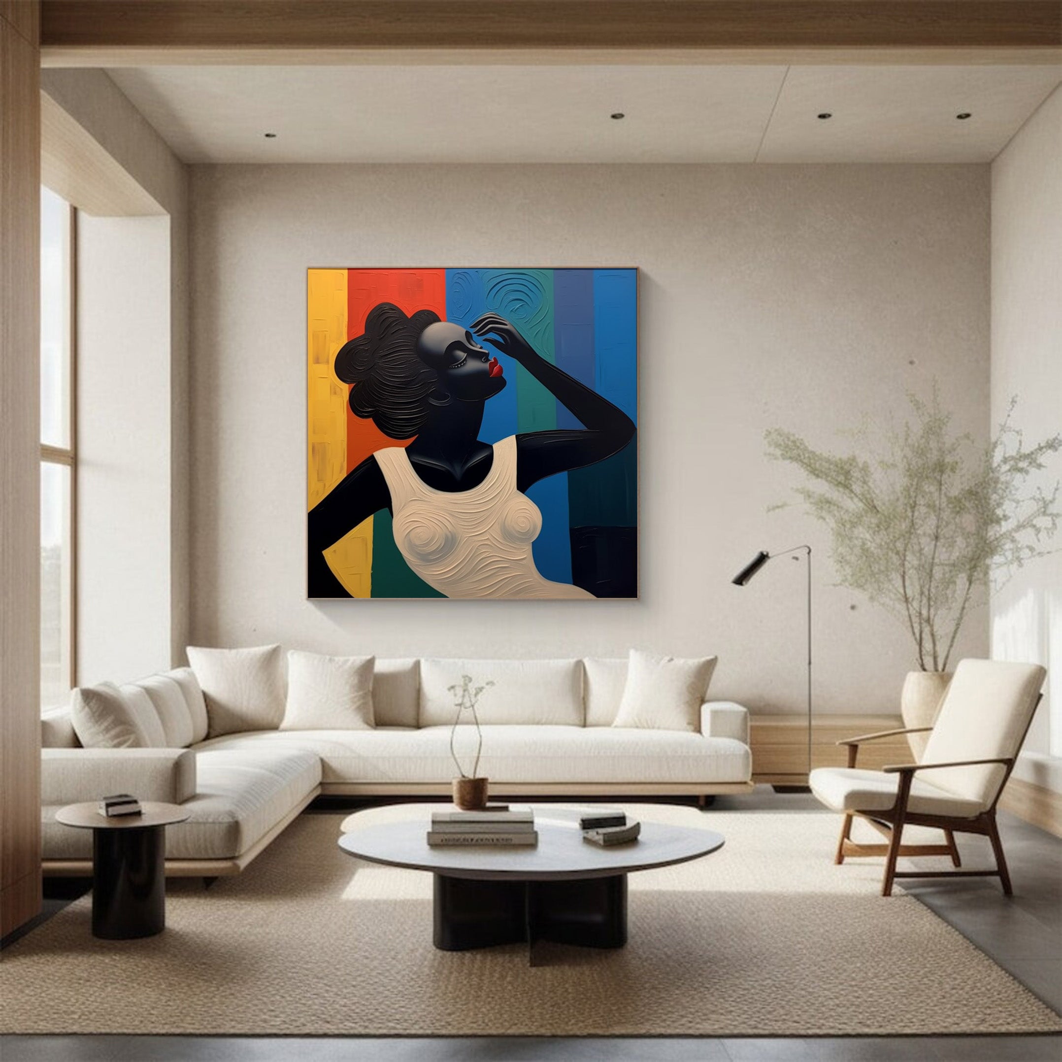 Stylized Figure Against Textured Color Blocks, Portrait Art #BGA 157